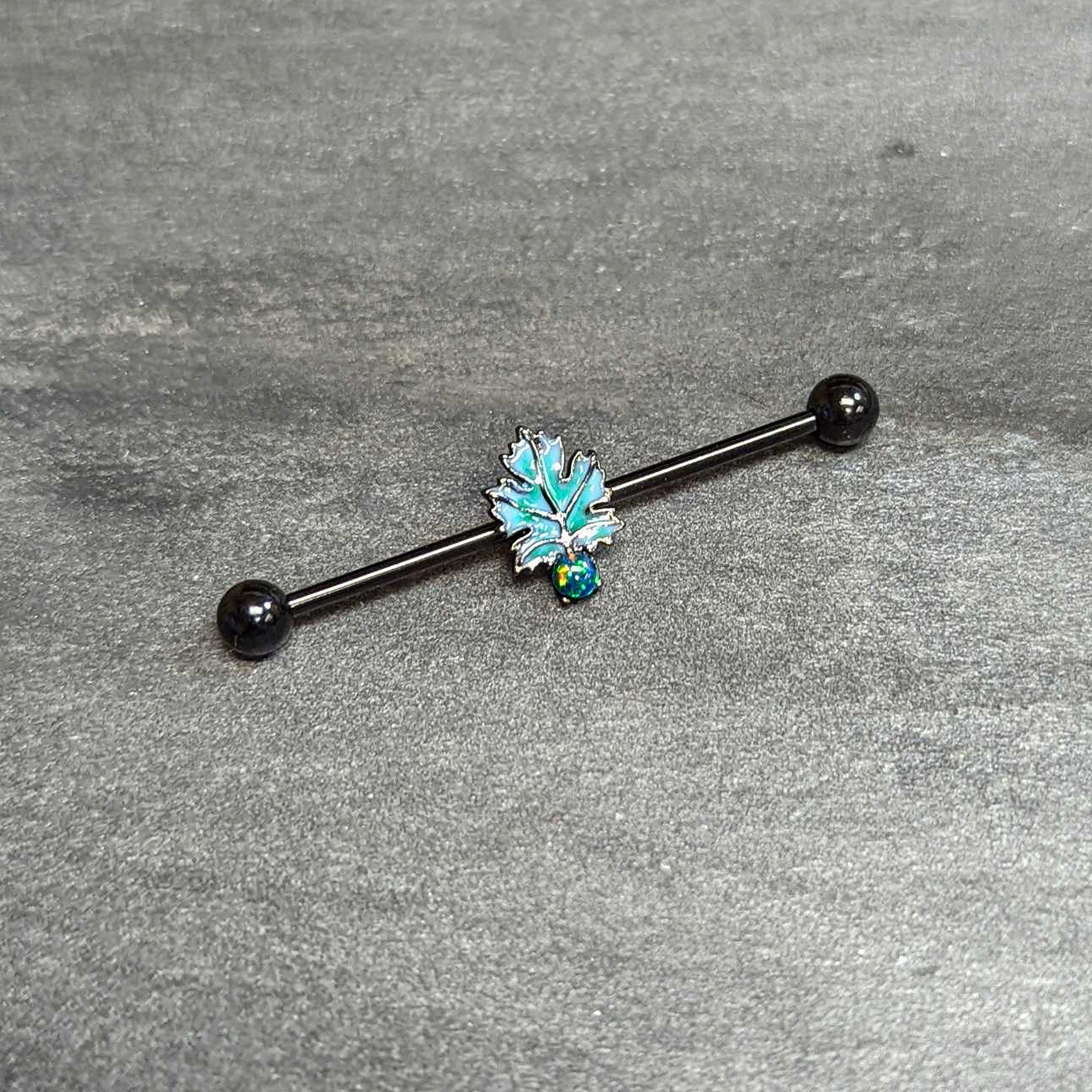 14 Gauge Green Synthetic Opal Black Fall Leaf Industrial Barbell 38mm