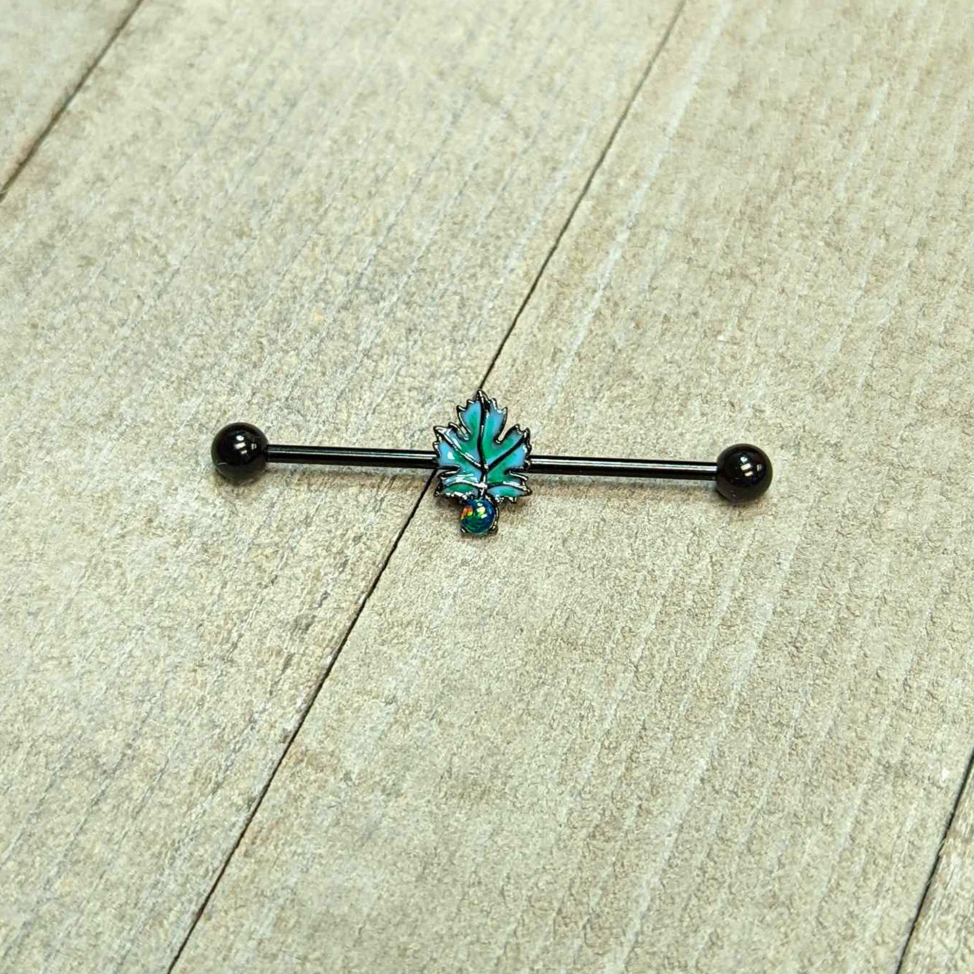 14 Gauge Green Synthetic Opal Black Fall Leaf Industrial Barbell 38mm