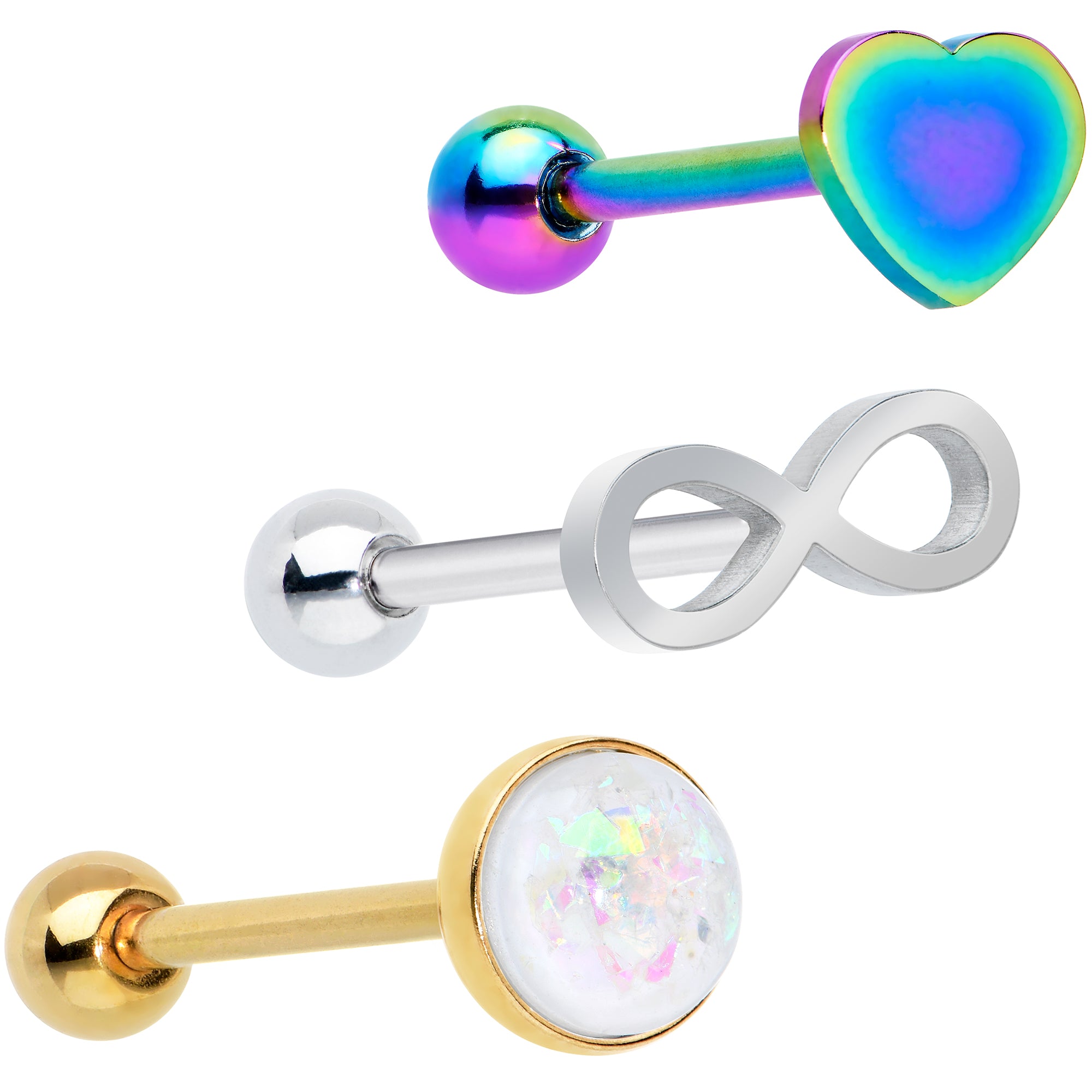 White Faux Opal Rainbow Infinity Heart Barbell Tongue Ring Set of 3