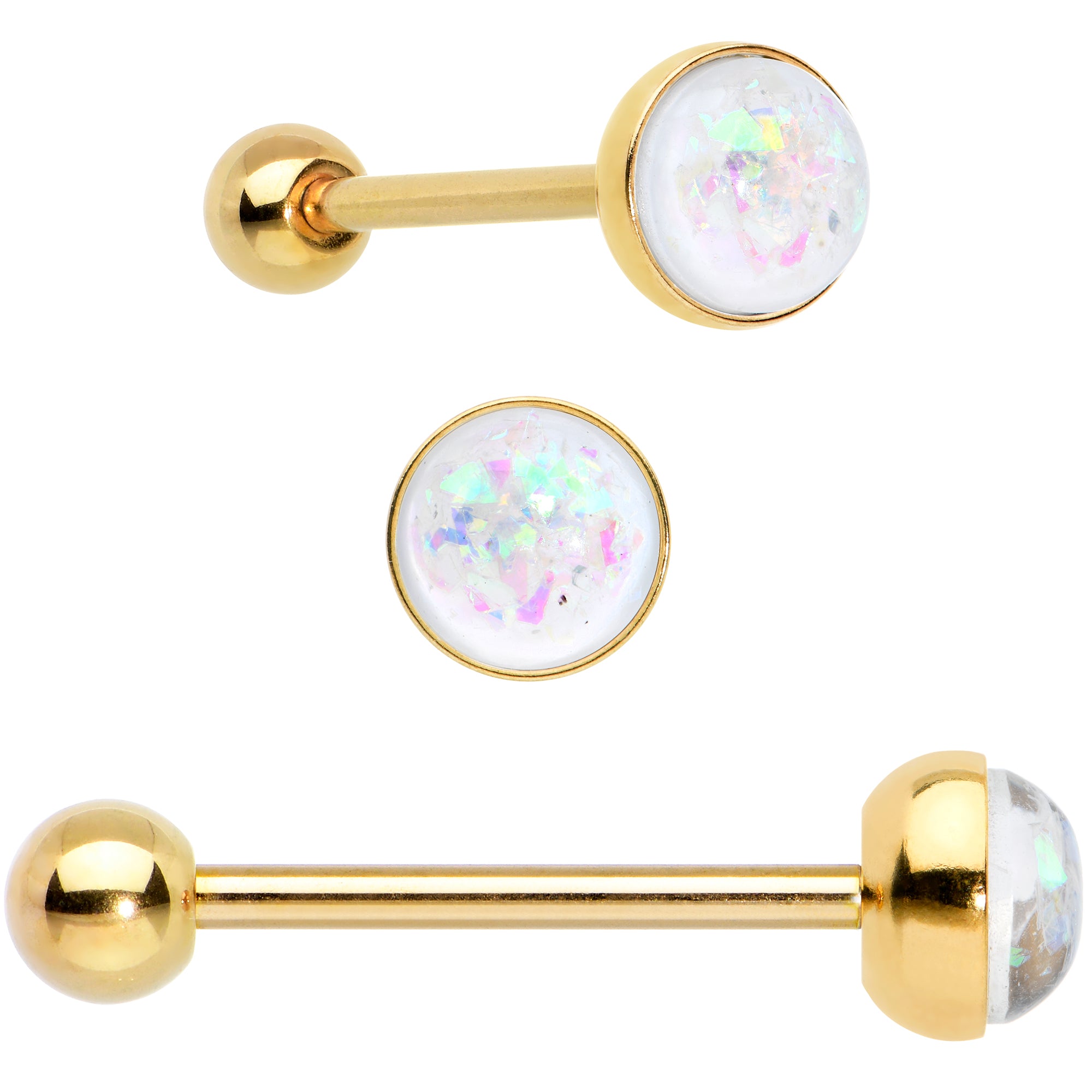 White Faux Opal Rainbow Infinity Heart Barbell Tongue Ring Set of 3