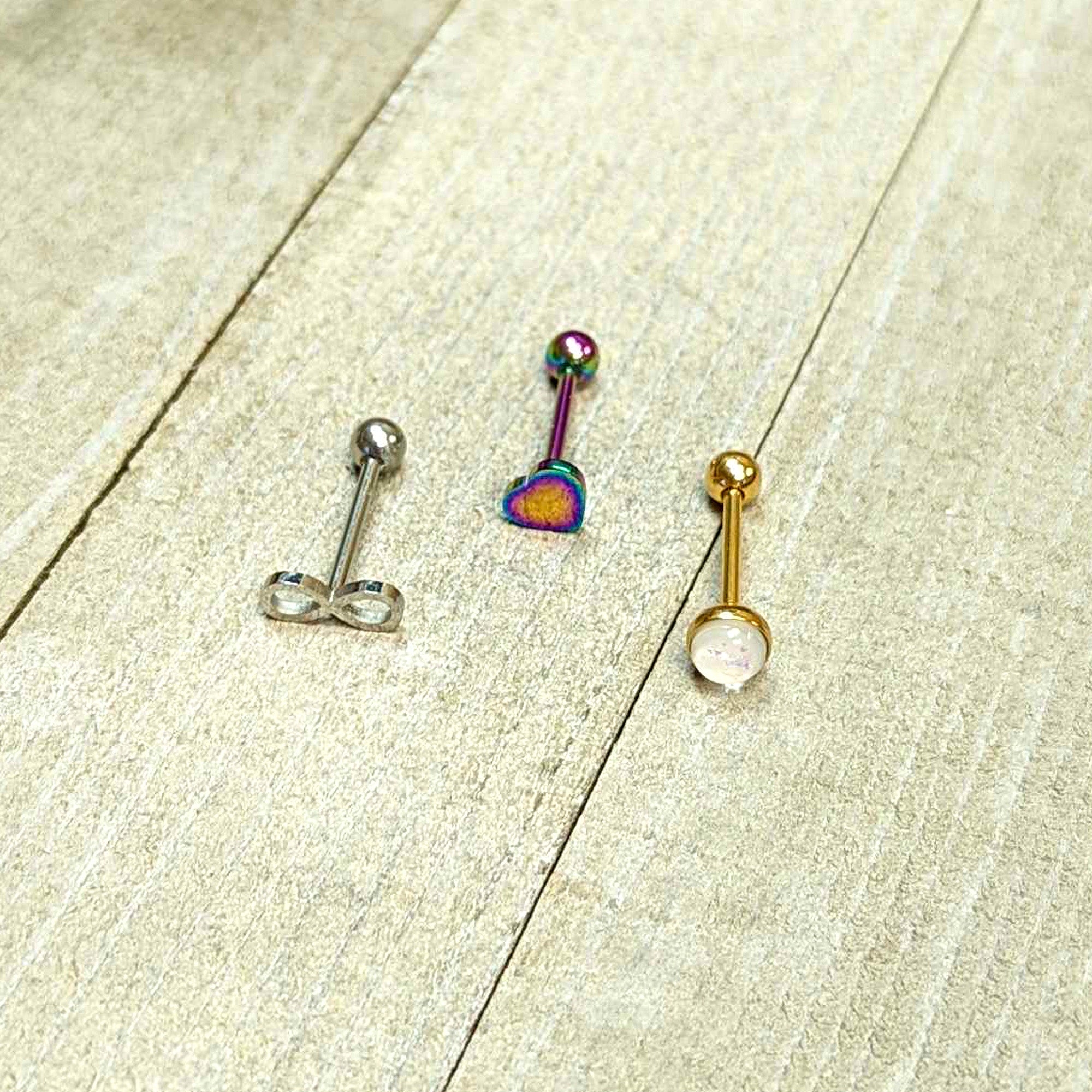 White Faux Opal Rainbow Infinity Heart Barbell Tongue Ring Set of 3