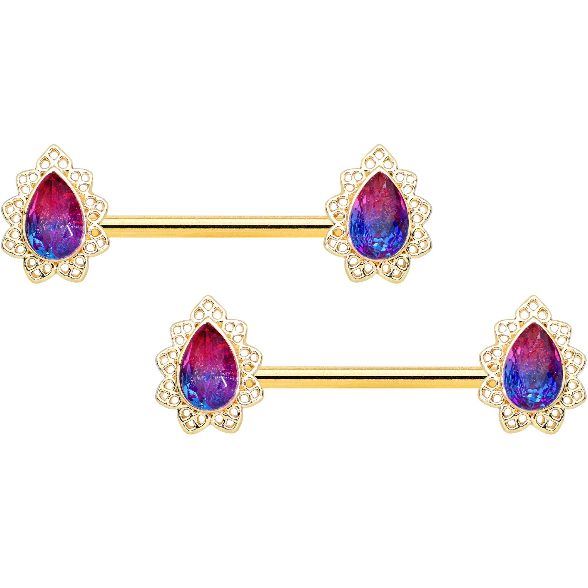 14 Gauge 9/16 Purple Tourmaline Gold Tone Drop Barbell Nipple Ring Set