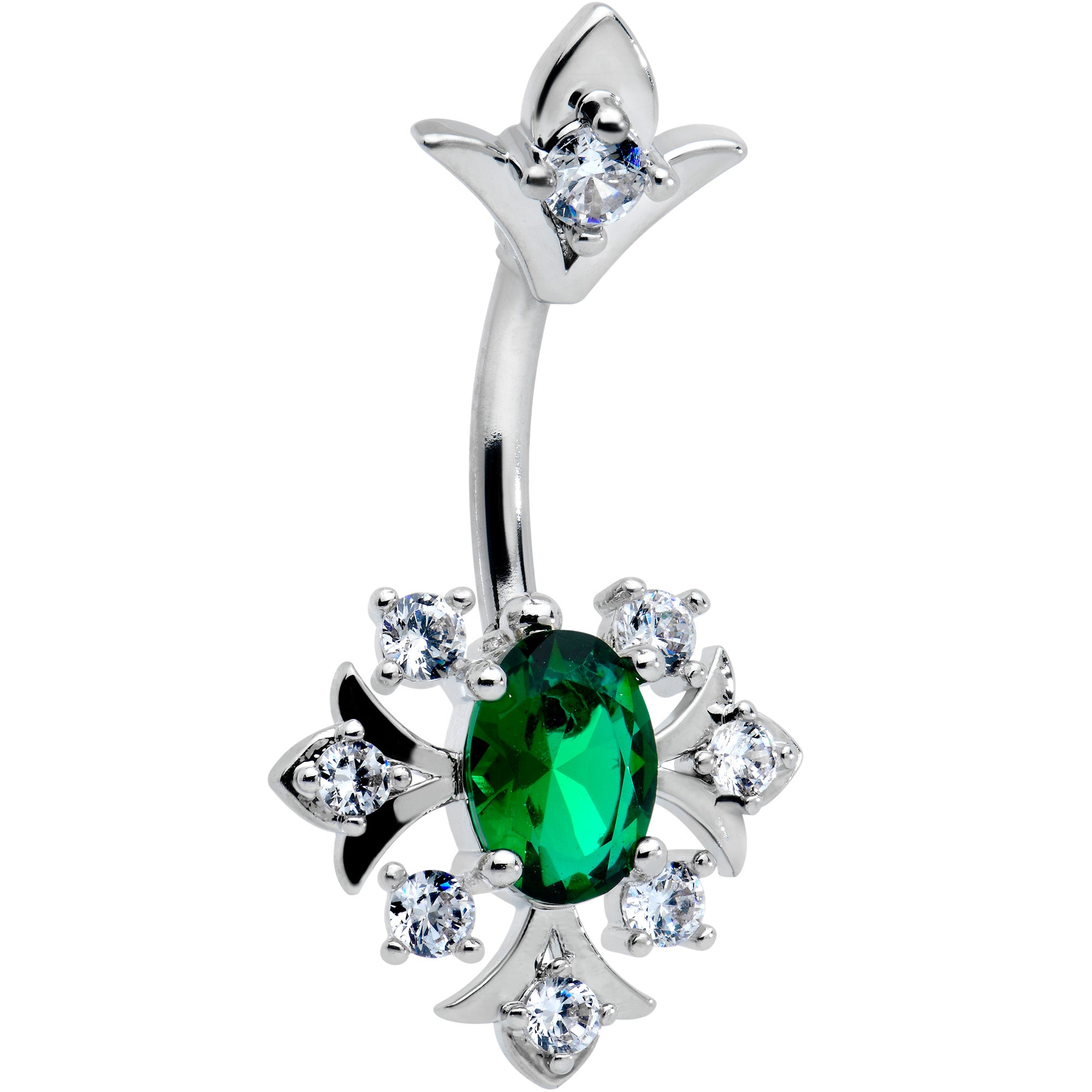 Green Clear Gem Ornate Art Deco Double Mount Belly Ring