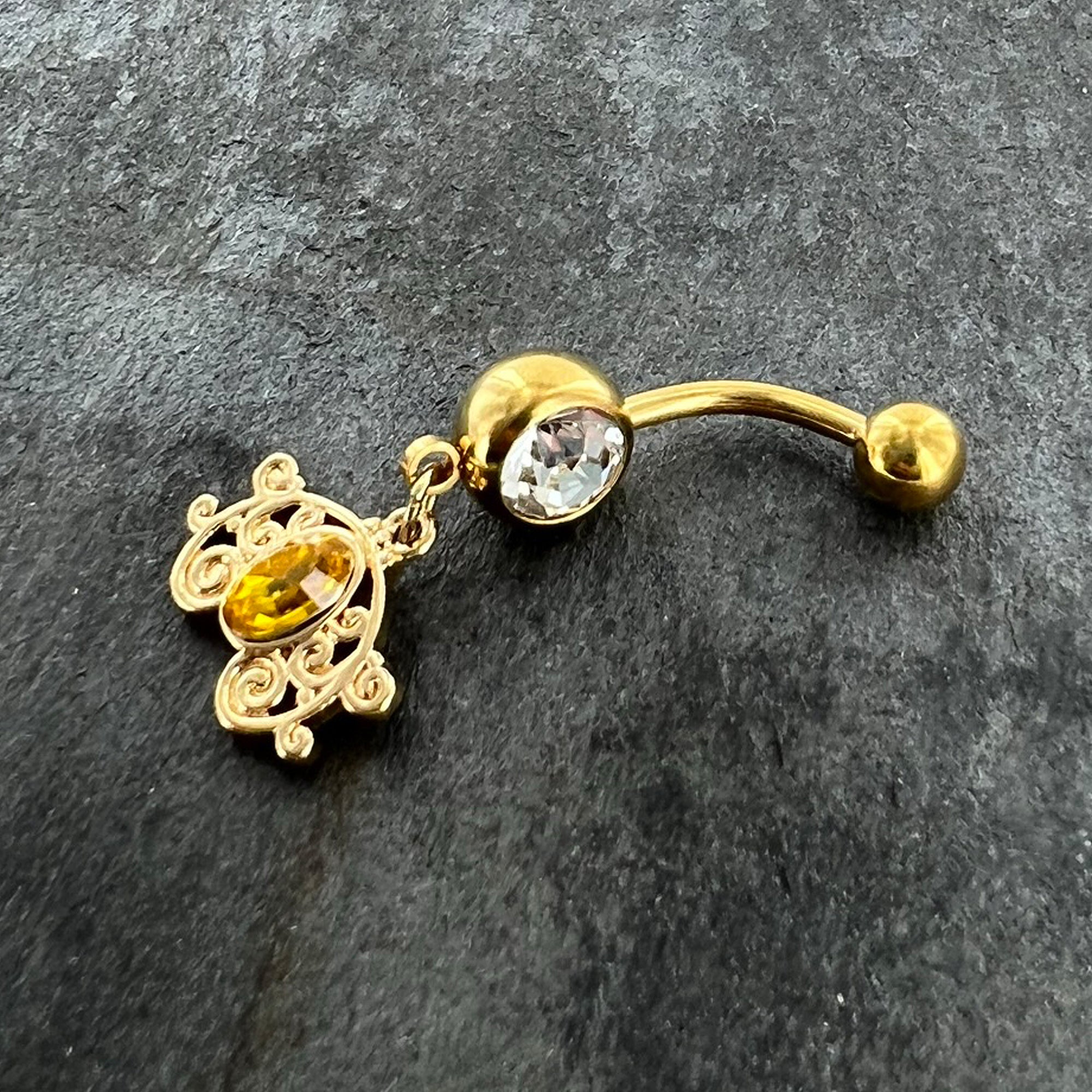 Clear Yellow Gold Tone Duet Scroll Dangle Belly Ring