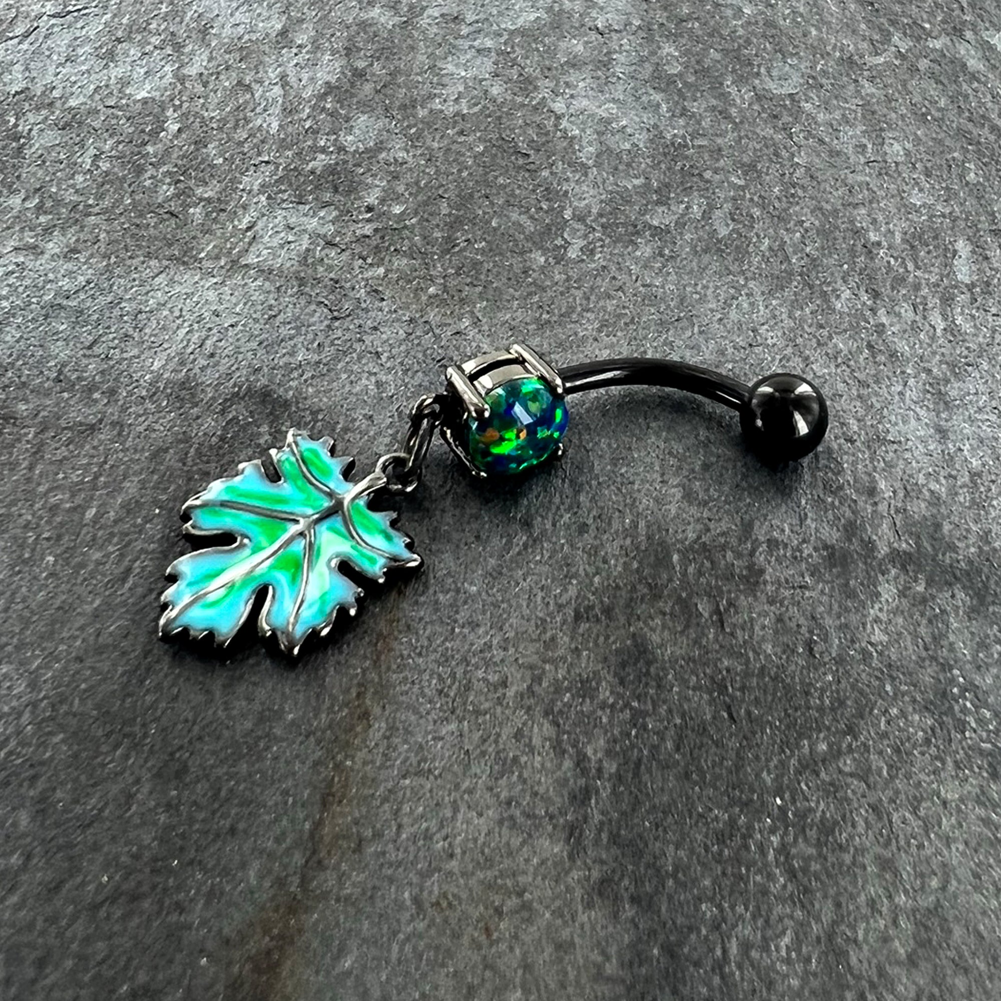 Green Synthetic Opal Black Fall Green Leaf Dangle Belly Ring