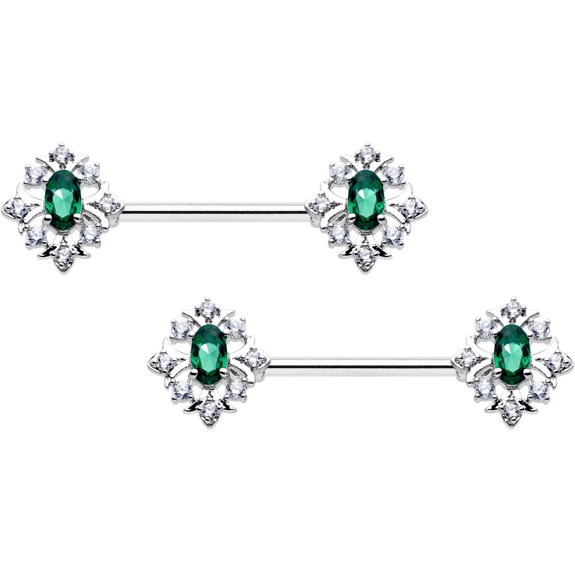 14 Gauge 9/16 Clear Green Gem Ornate Art Deco Barbell Nipple Ring Set