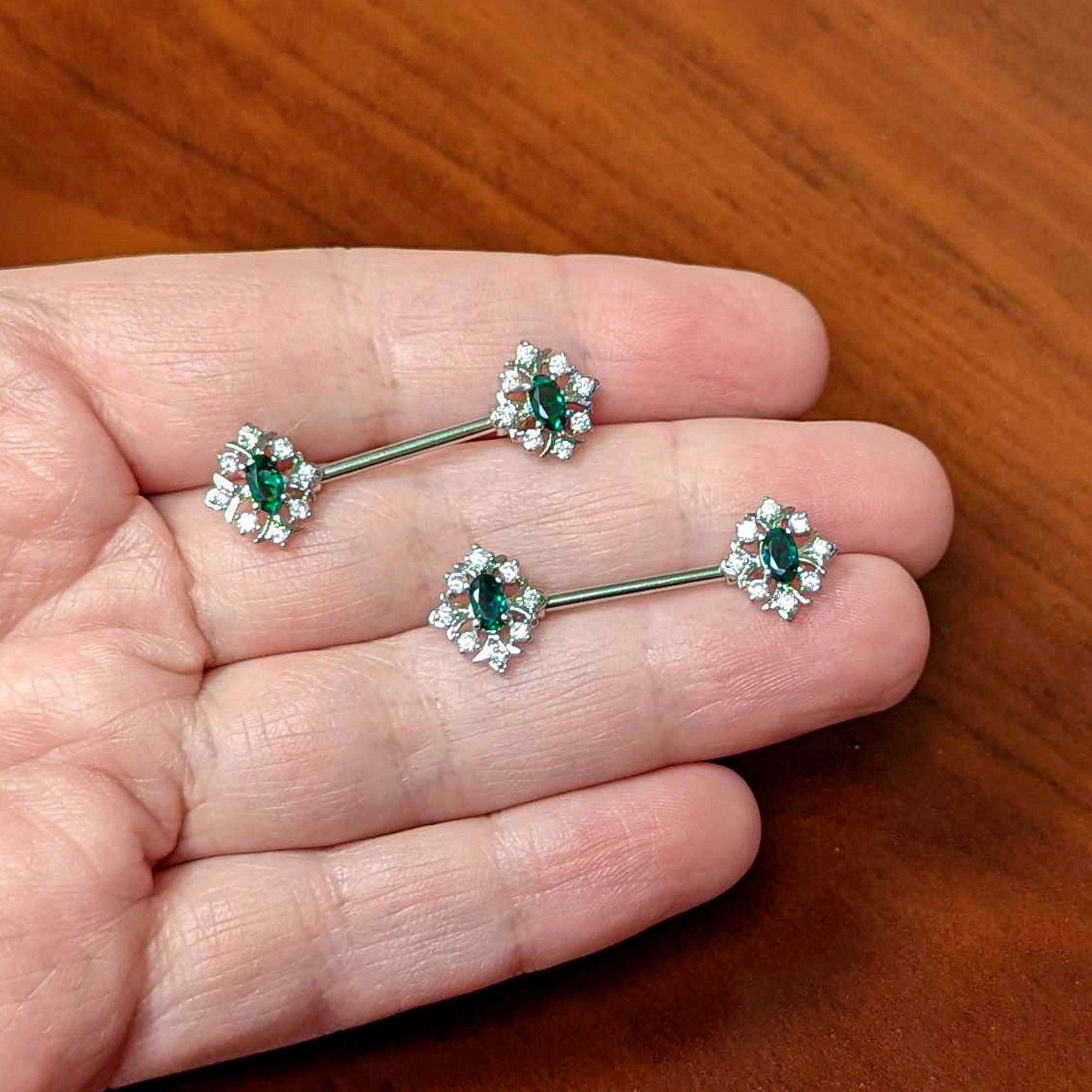 14 Gauge 9/16 Clear Green Gem Ornate Art Deco Barbell Nipple Ring Set