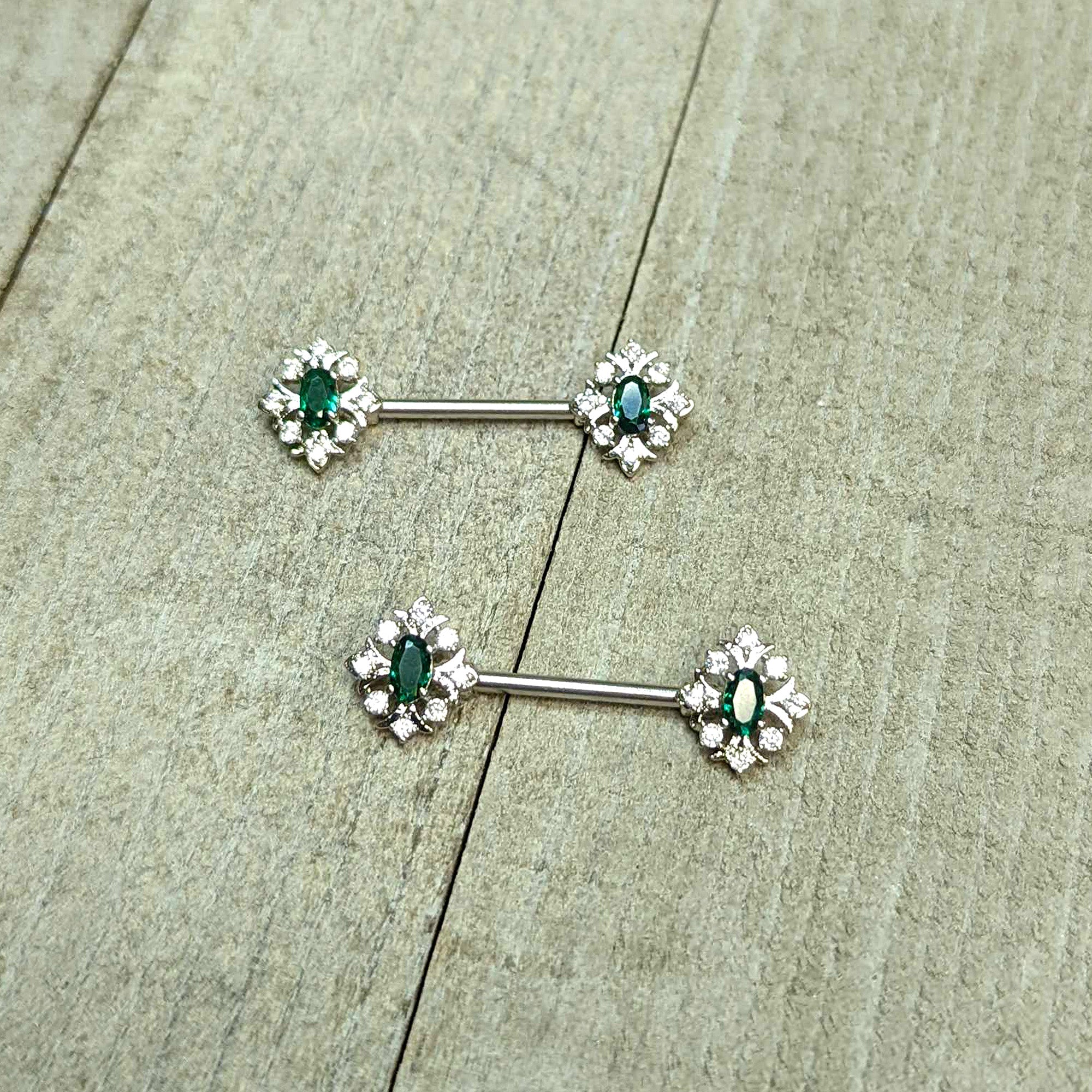 14 Gauge 9/16 Clear Green Gem Ornate Art Deco Barbell Nipple Ring Set