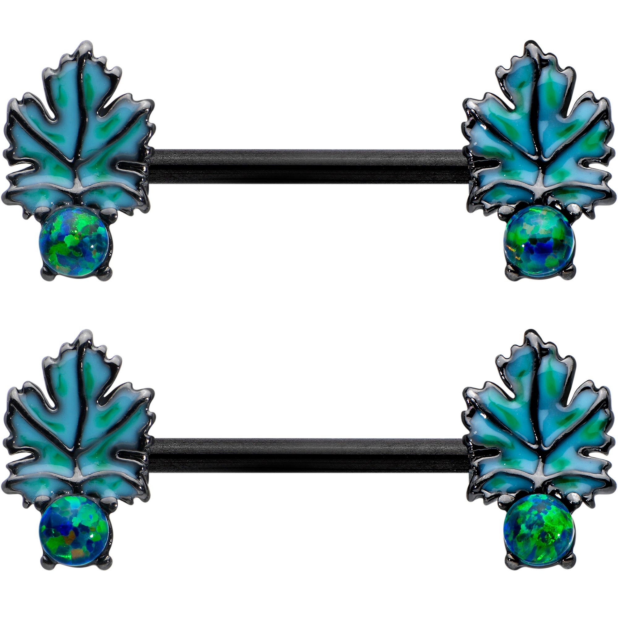 14 Gauge 1/2 Green Synthetic Opal Black Fall Leaf Nipple Ring Set