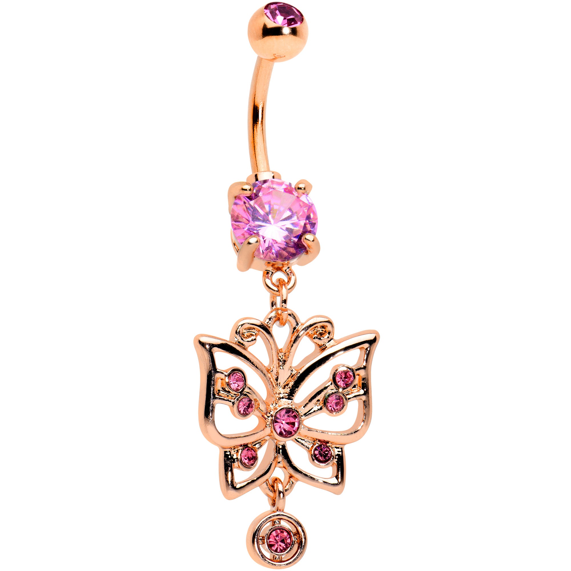 Pink CZ Gem Rose Gold Tone Butterfly Dangle Belly Ring