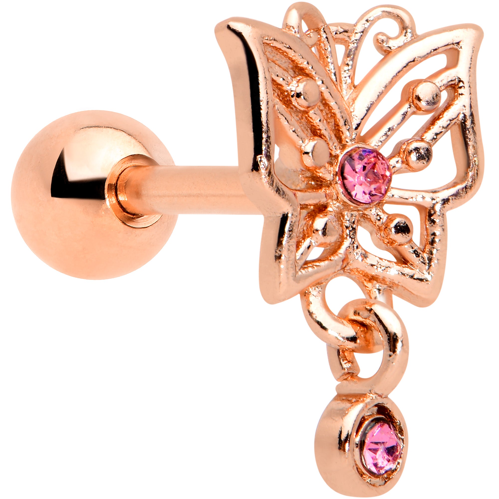 16 Gauge 1/4 Pink CZ Gem Rose Gold Tone Butterfly Cartilage Tragus