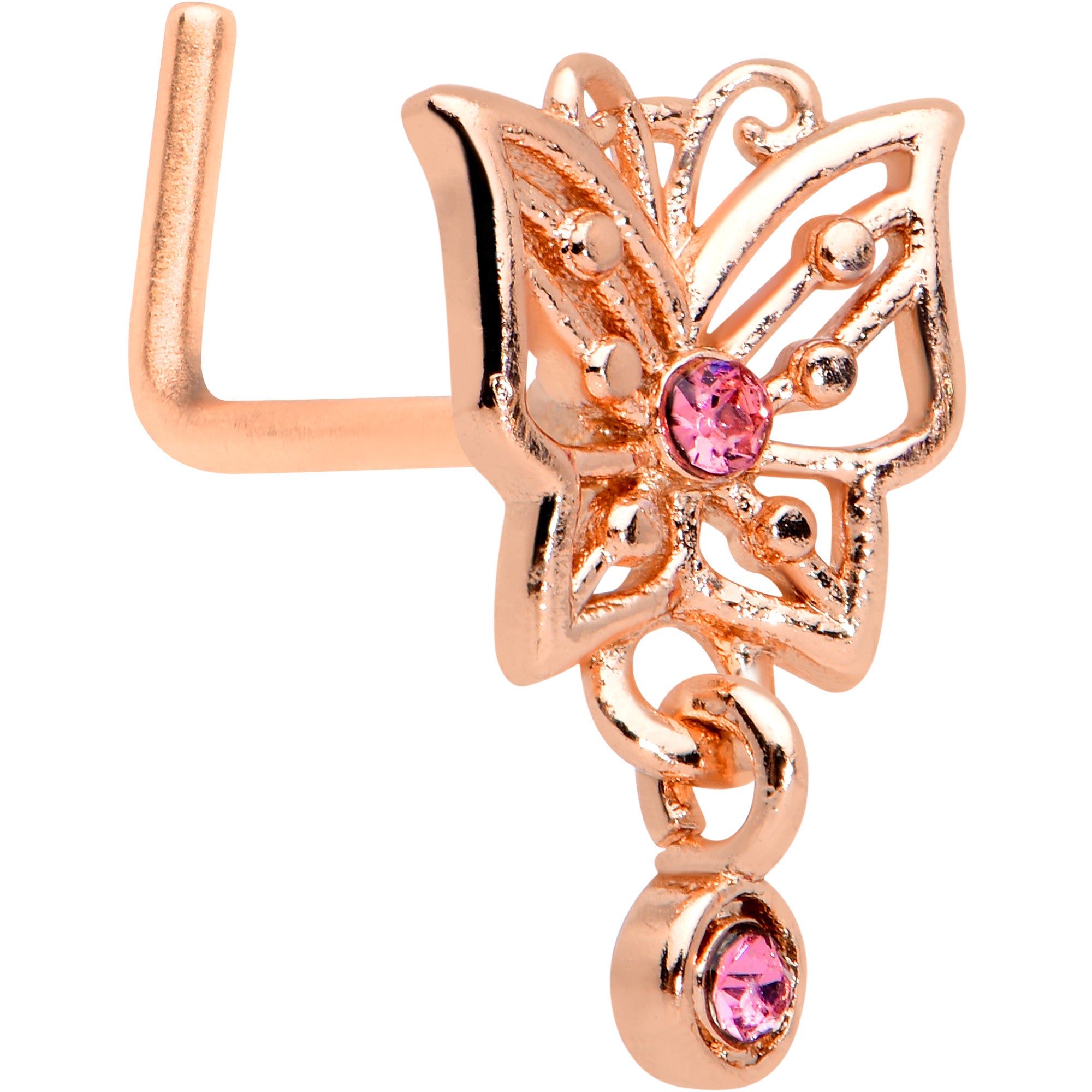 20 Gauge 1/4 Pink CZ Gem Rose Gold Hue Geo Butterfly L Shape Nose Ring