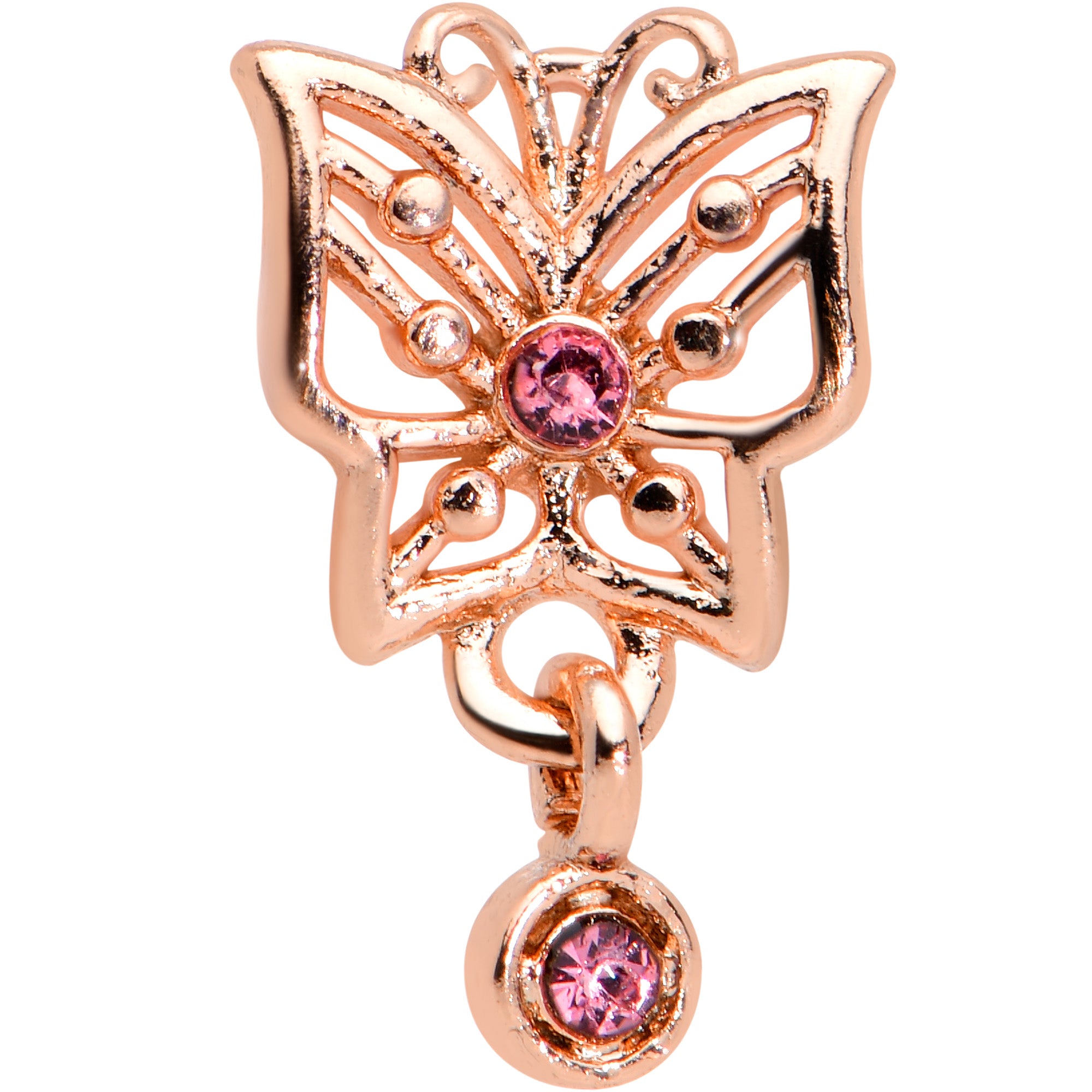 20 Gauge 1/4 Pink CZ Gem Rose Gold Hue Geo Butterfly L Shape Nose Ring