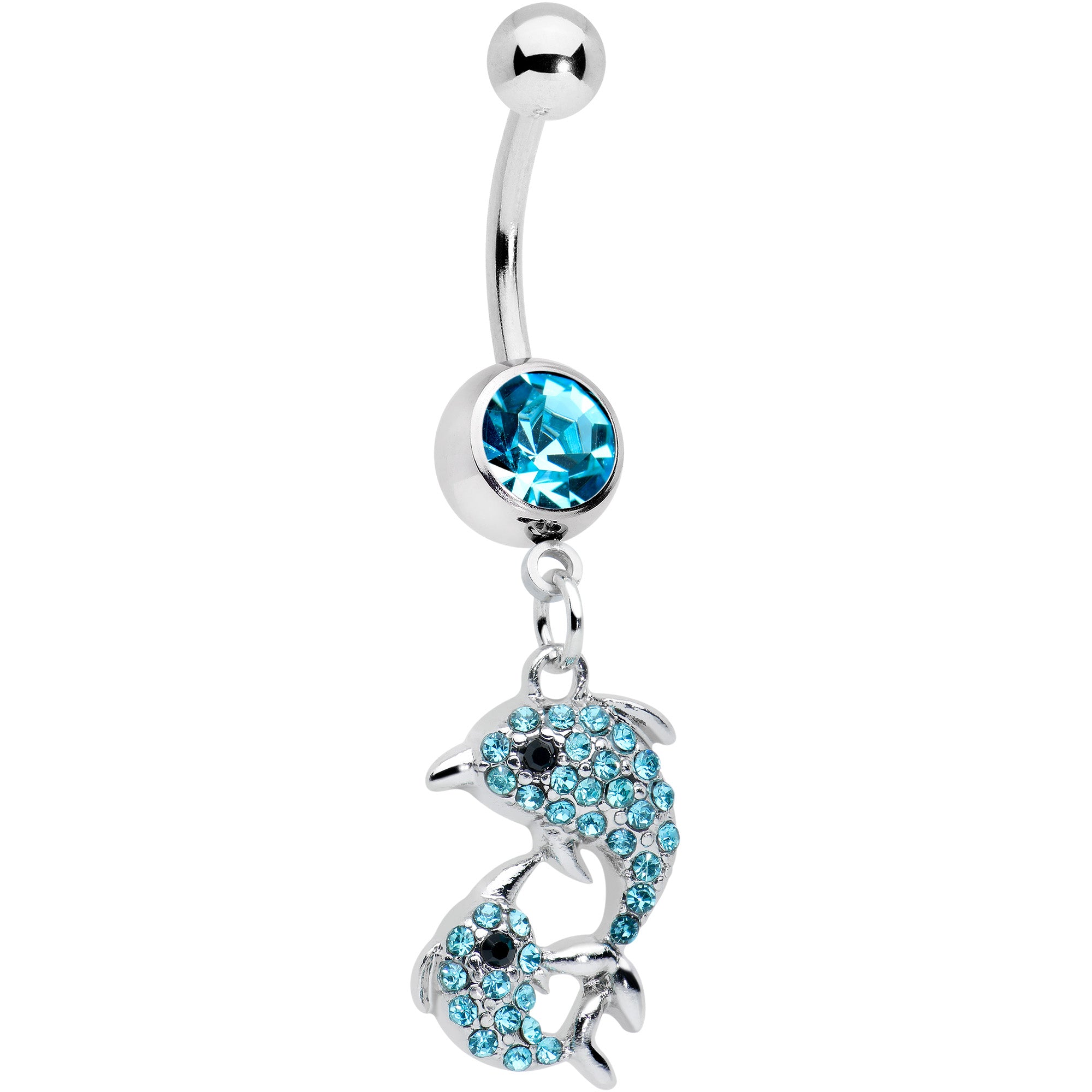 Blue Gem Double Dolphin Dangle Belly Ring