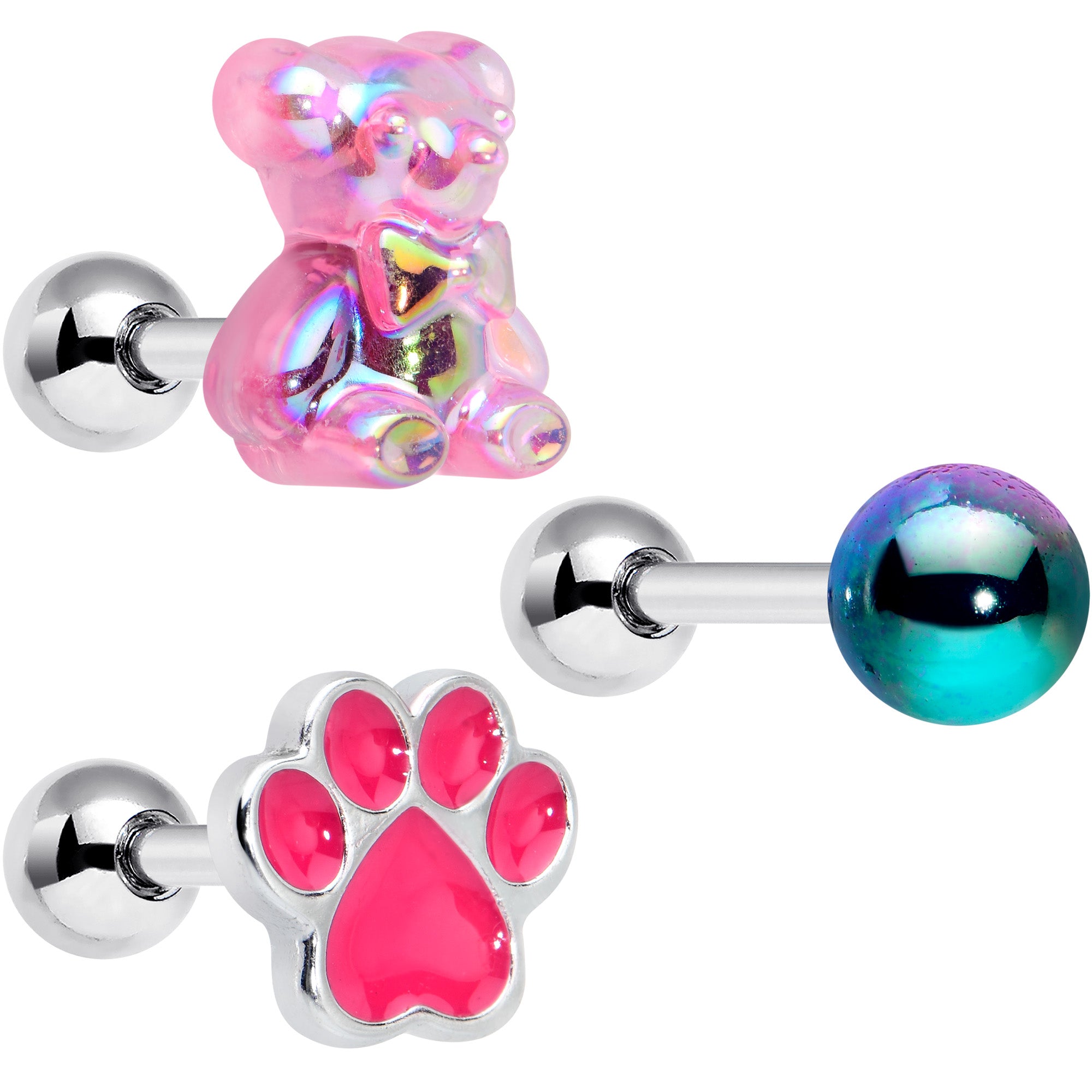 16 Gauge 1/4 Bear Pearlescent Pink Paw Cartilage Earring Curation Set of 3