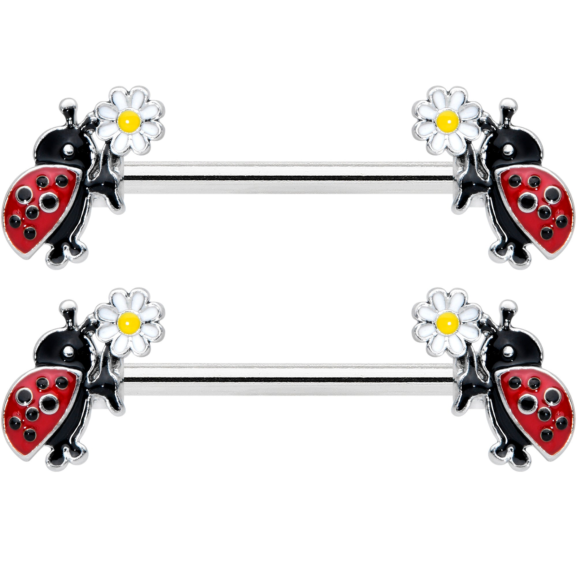 14 Gauge 1/2 Ladybug Daisy Flower Barbell Nipple Ring Set