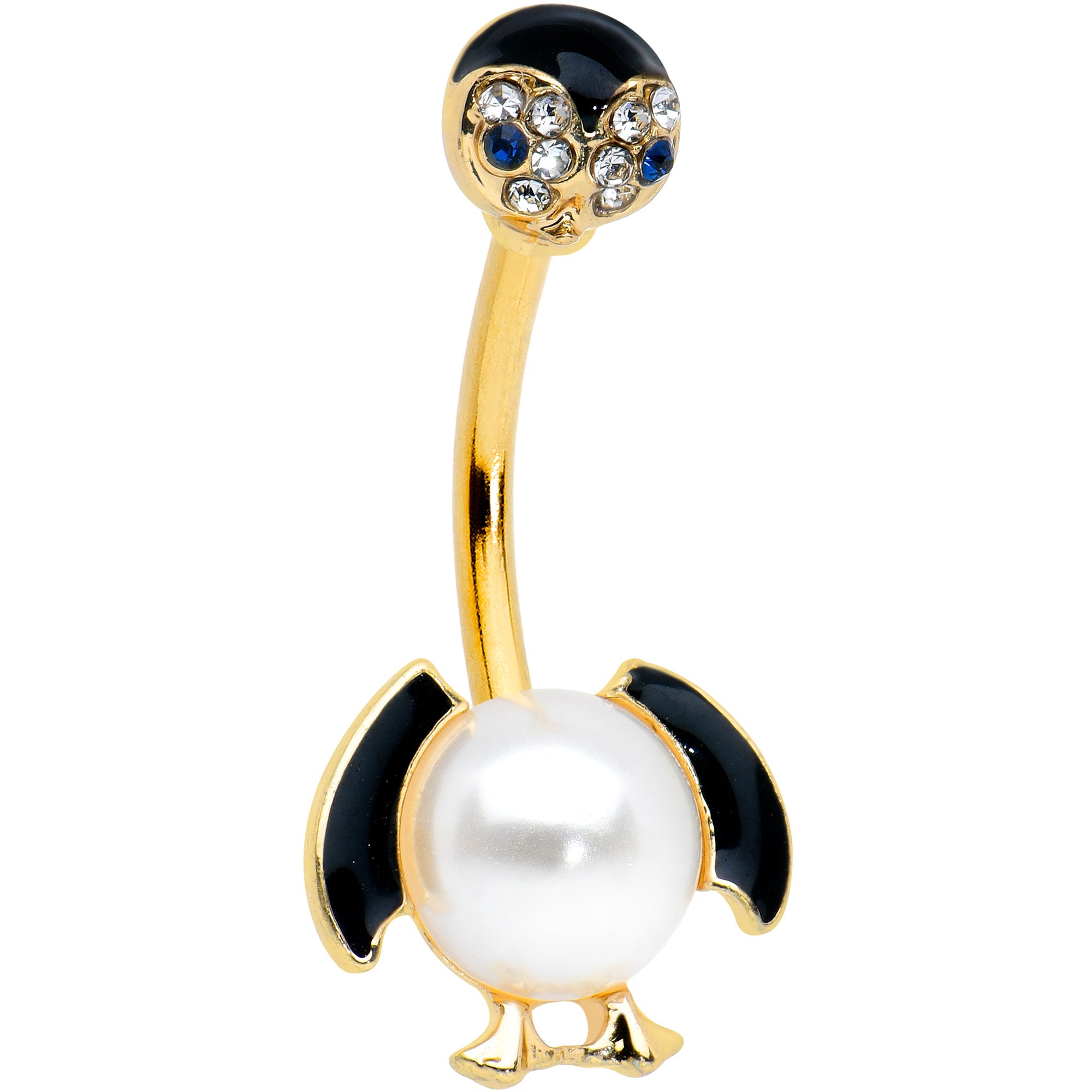 Clear Gem Gold Tone White Pearlescent Penguin Double Mount Belly Ring