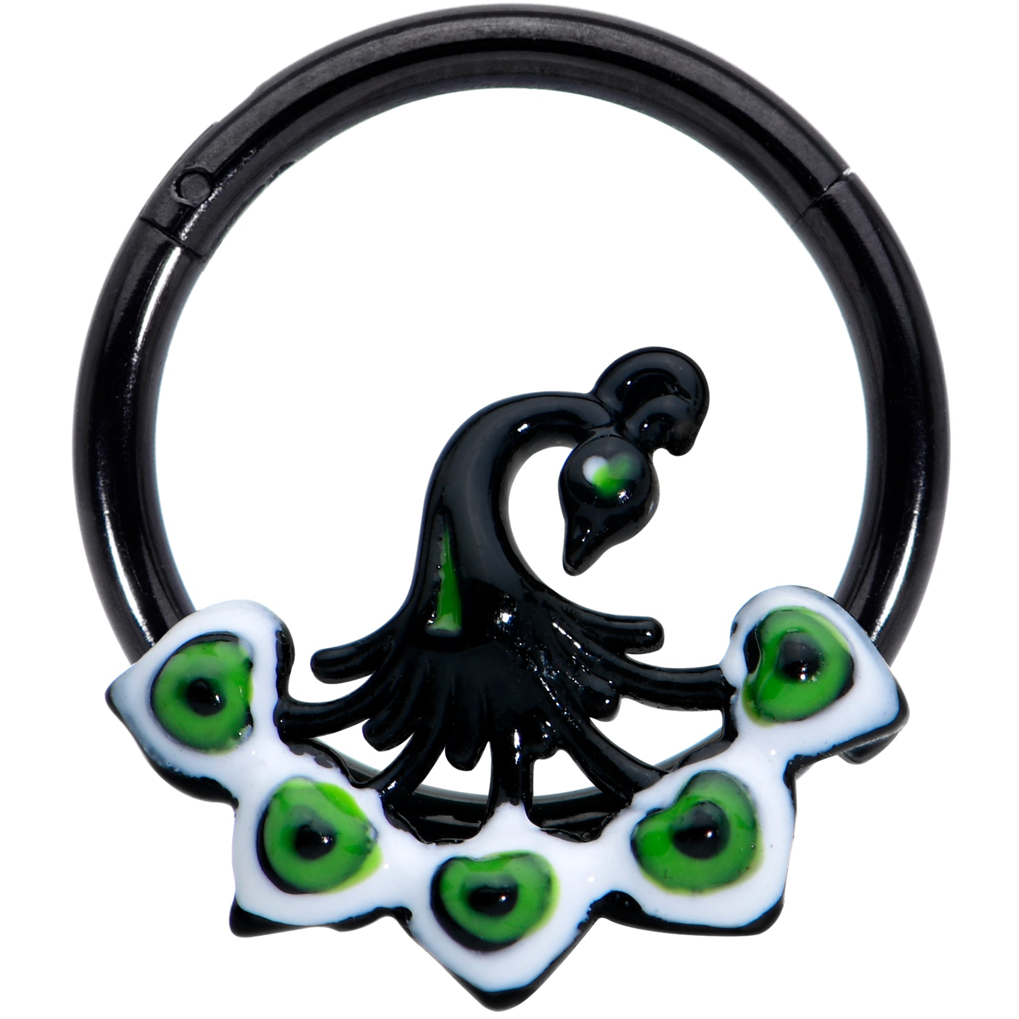 16 Gauge 3/8 Black Green Perfect Peacock Hinged Segment Ring