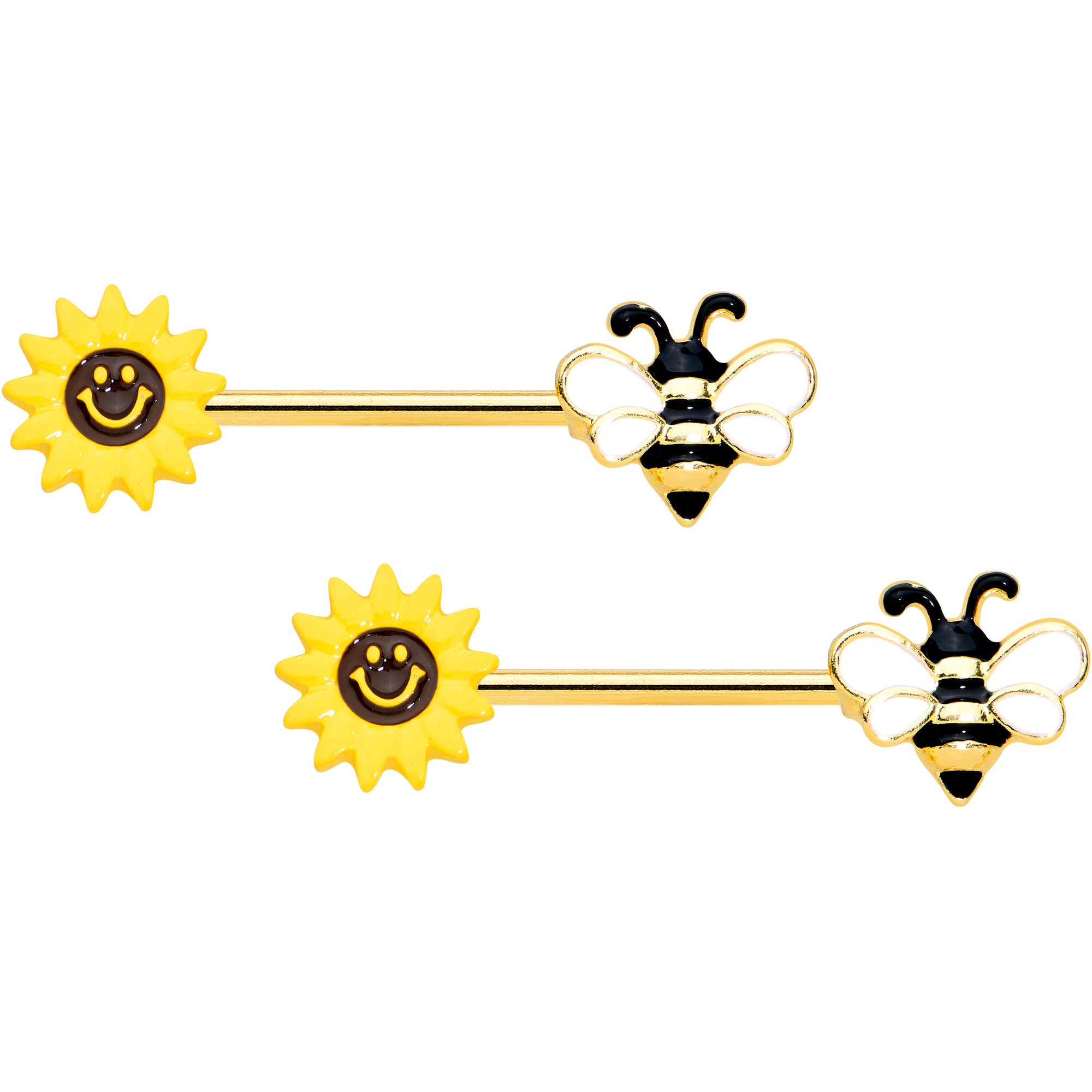 14 Gauge 9/16 Gold Tone Bee Smiley Sunflower Barbell Nipple Ring Set