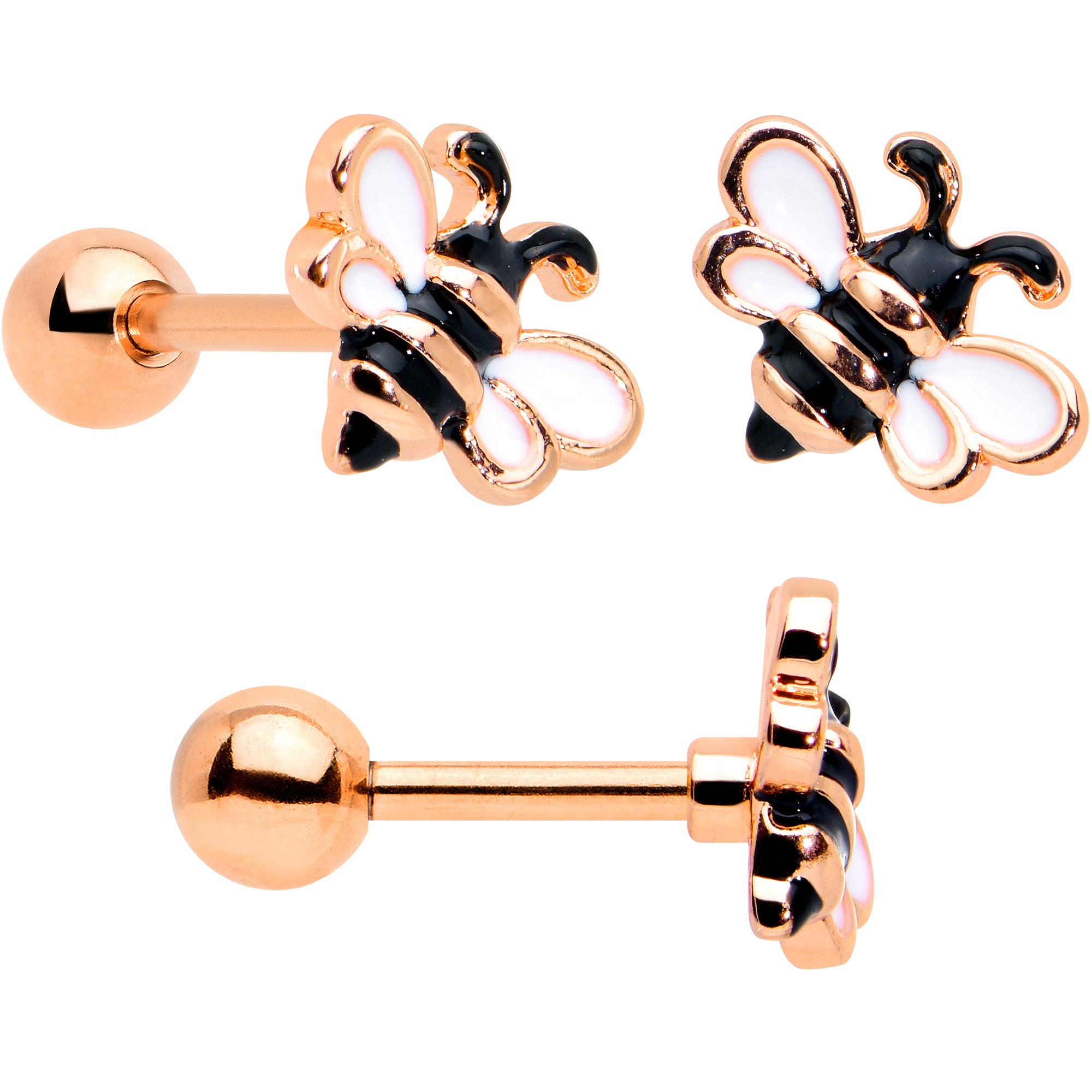 16 Gauge 1/4 Rose Gold Tone Bee Smile Flower Cartilage Tragus Set of 3