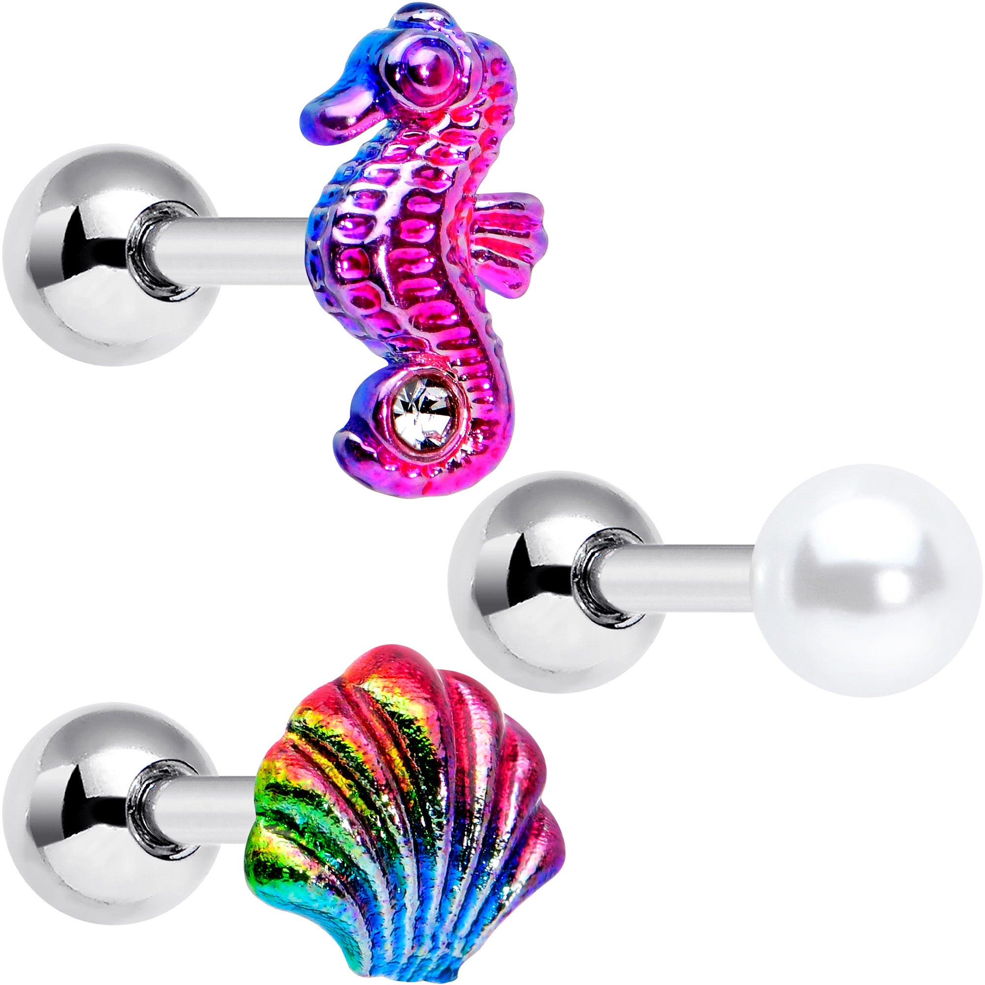 16 Gauge 1/4 Nautical Rainbow Shell Seahorse Cartilage Tragus Set of 3