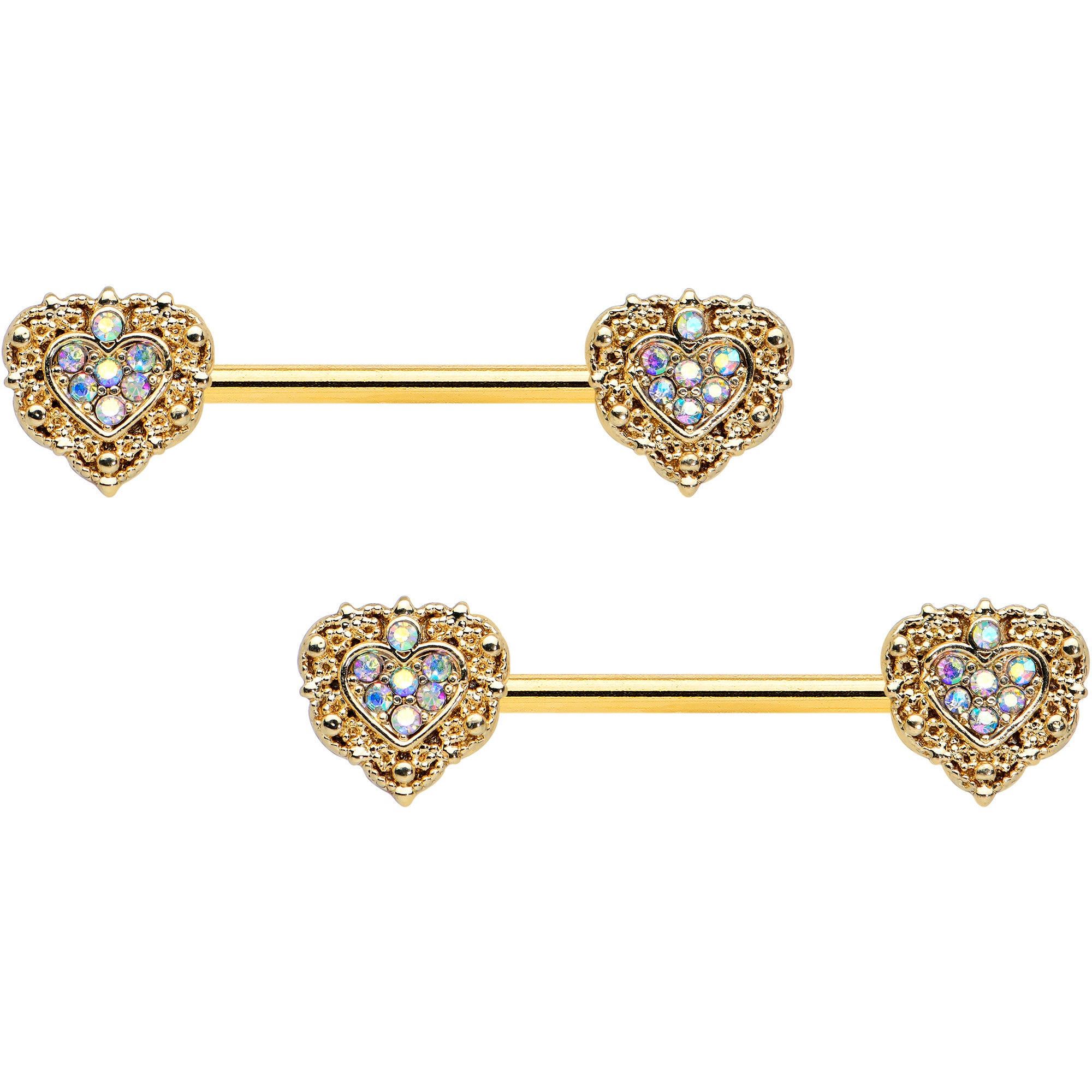 14 Gauge 9/16 Aurora Gem Gold Tone Baroque Heart Nipple Ring Set