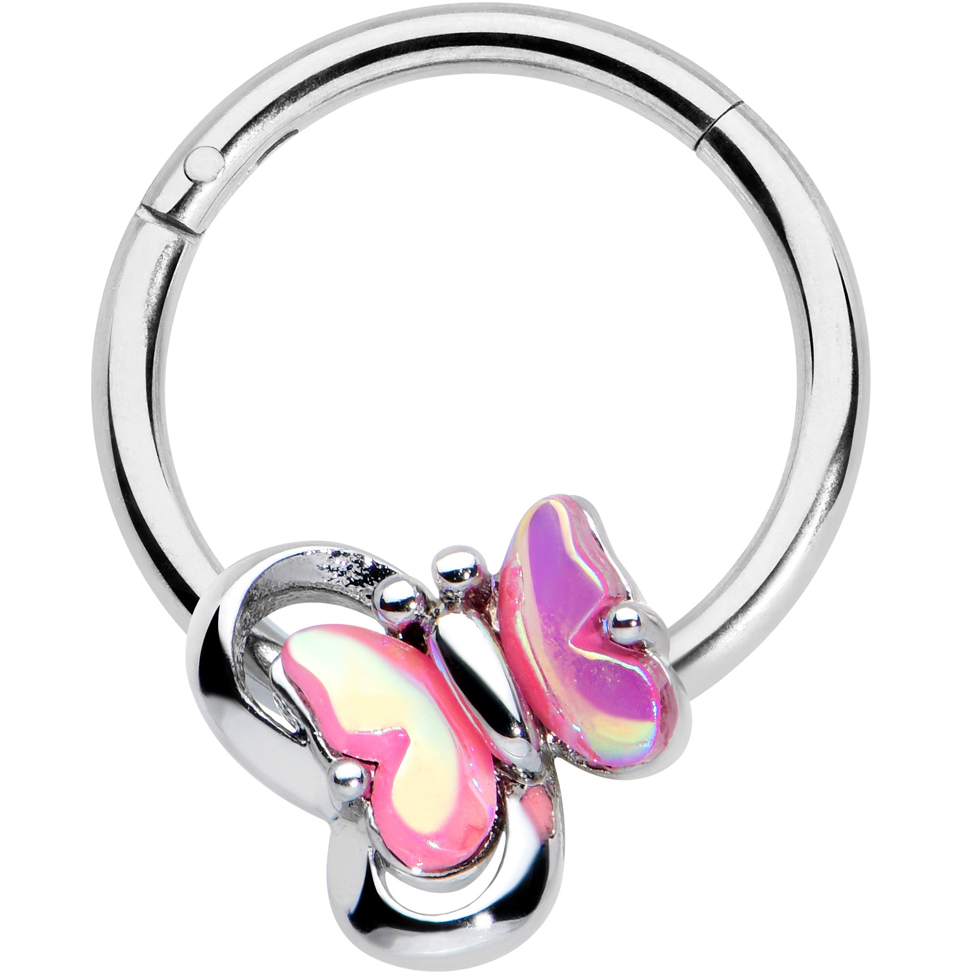 16 Gauge 3/8 Heart Pink Butterfly Hinged Segment Ring