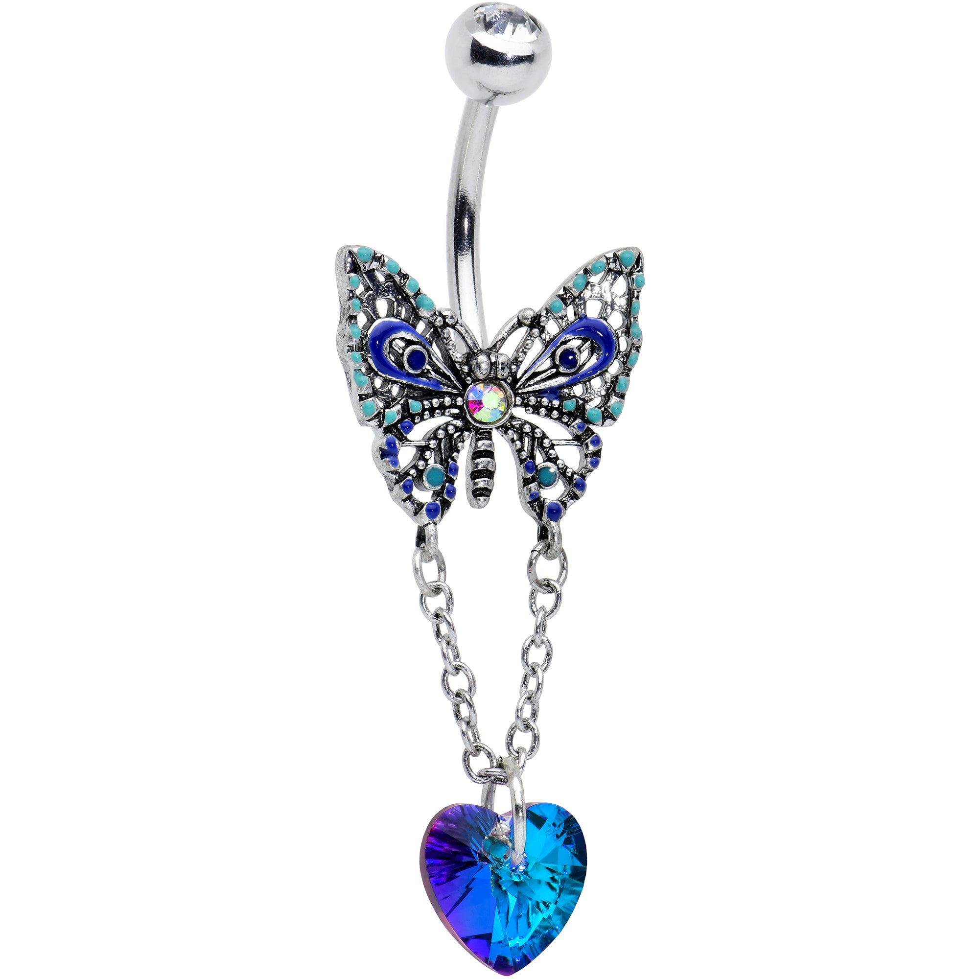 Blue Gem Heart Colorful Butterfly Chain Dangle Belly Ring