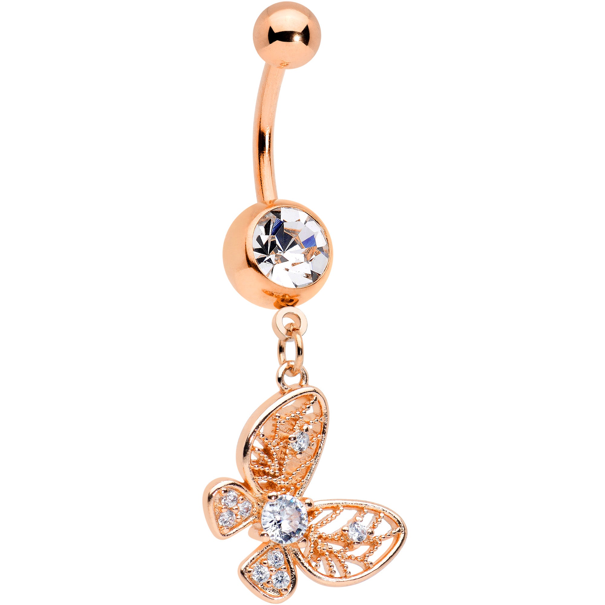 Clear Gem Rose Gold Tone Airy Elegant Butterfly Dangle Belly Ring