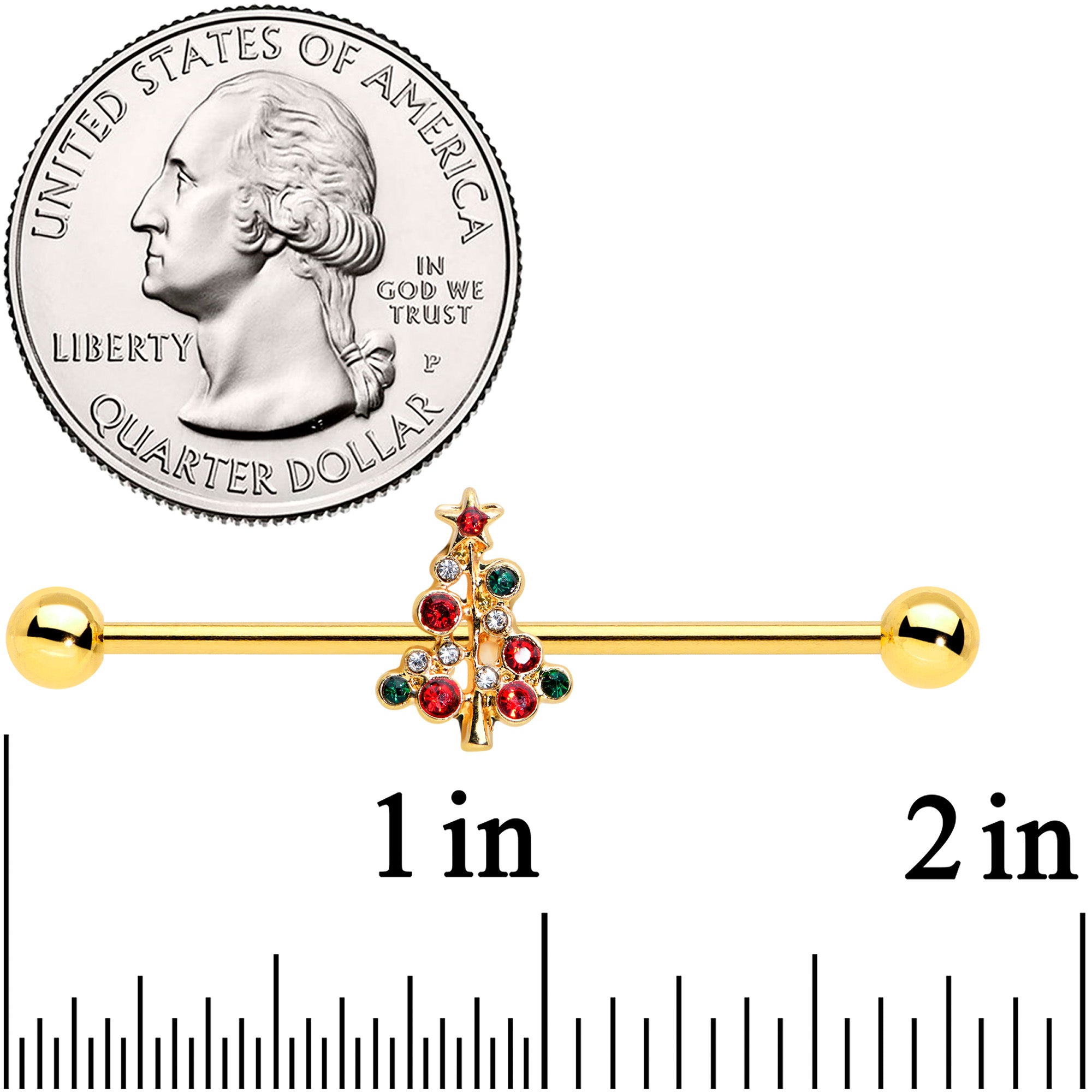 14 Gauge Red Gem Gold Tone Christmas Tree Industrial Barbell 38mm