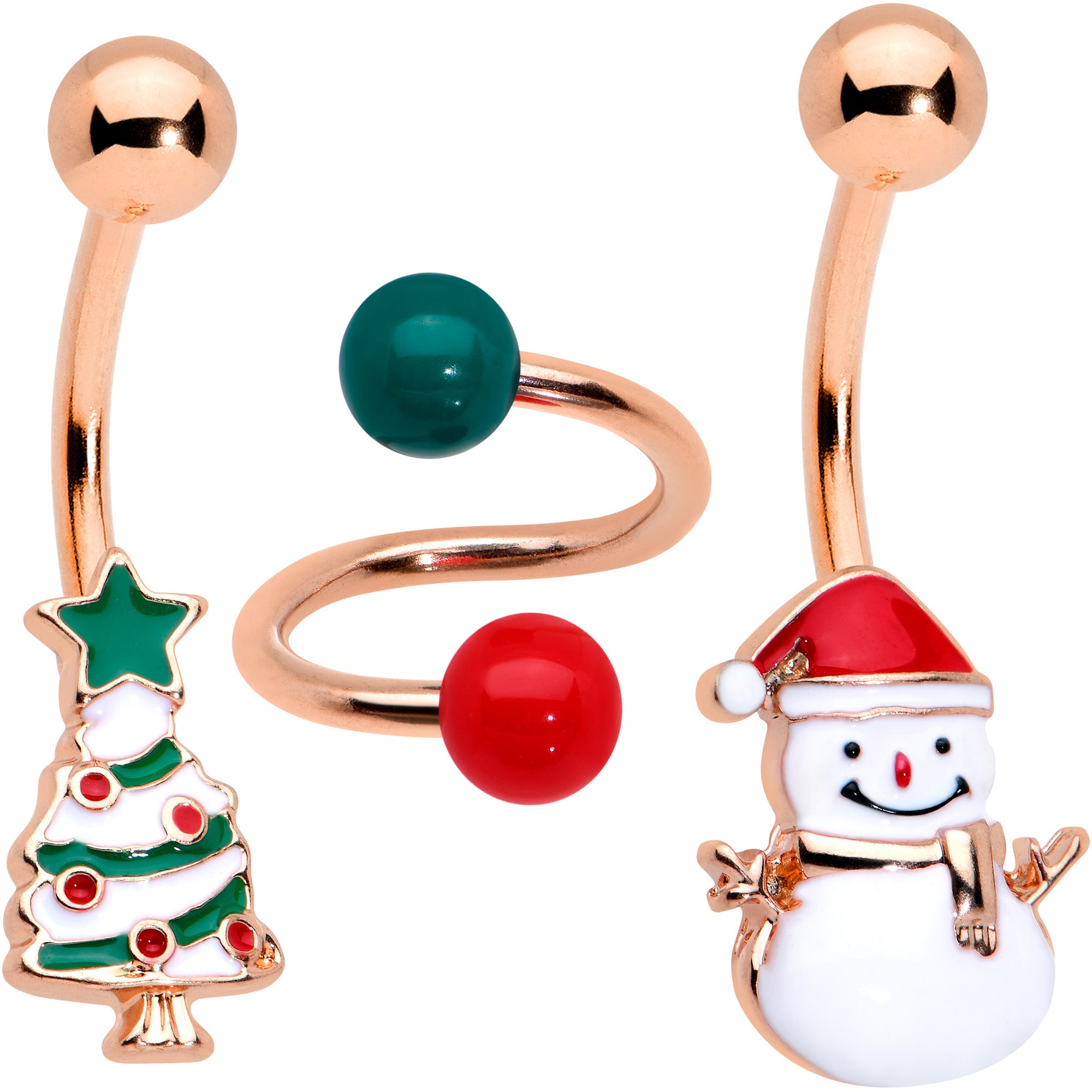 Red Gem Rose Gold Tone Snowman Christmas Spiral Belly Ring Set of 3