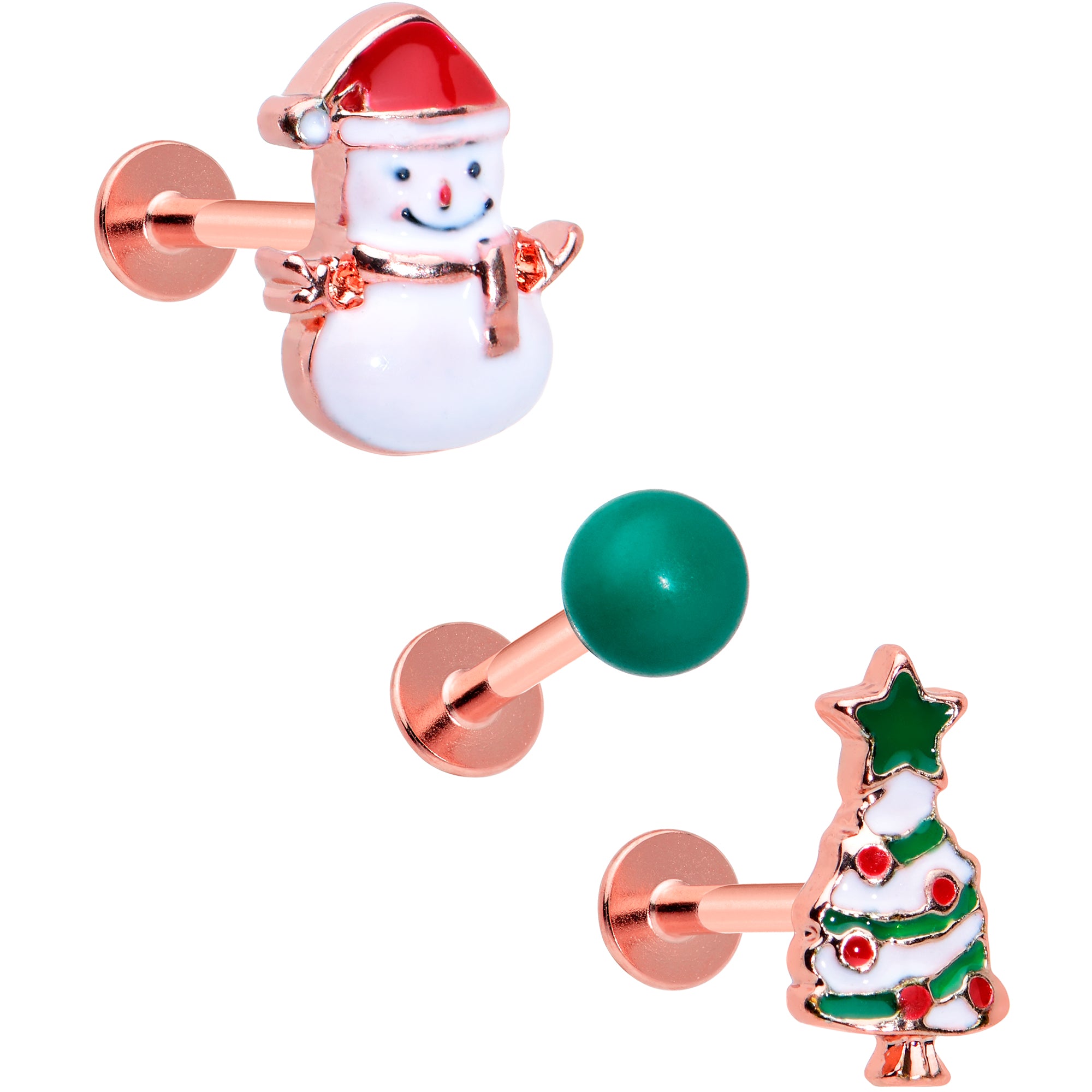 16 Gauge 5/16 Red Gem Rose Gold Tone Snowman Christmas Labret Set of 3