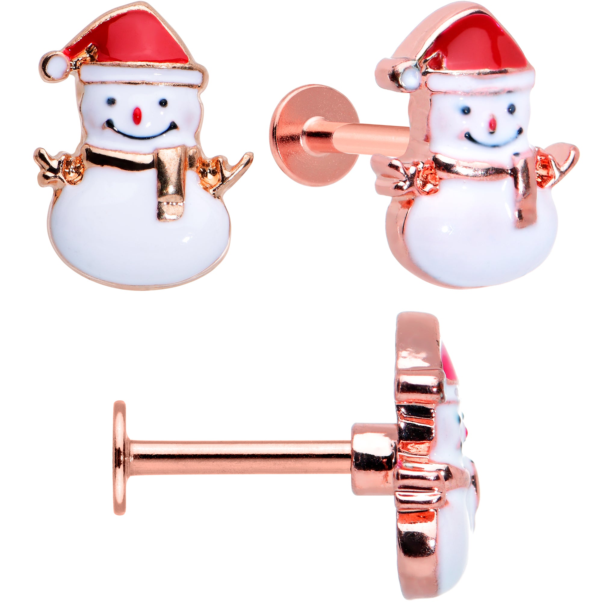 16 Gauge 5/16 Red Gem Rose Gold Tone Snowman Christmas Labret Set of 3