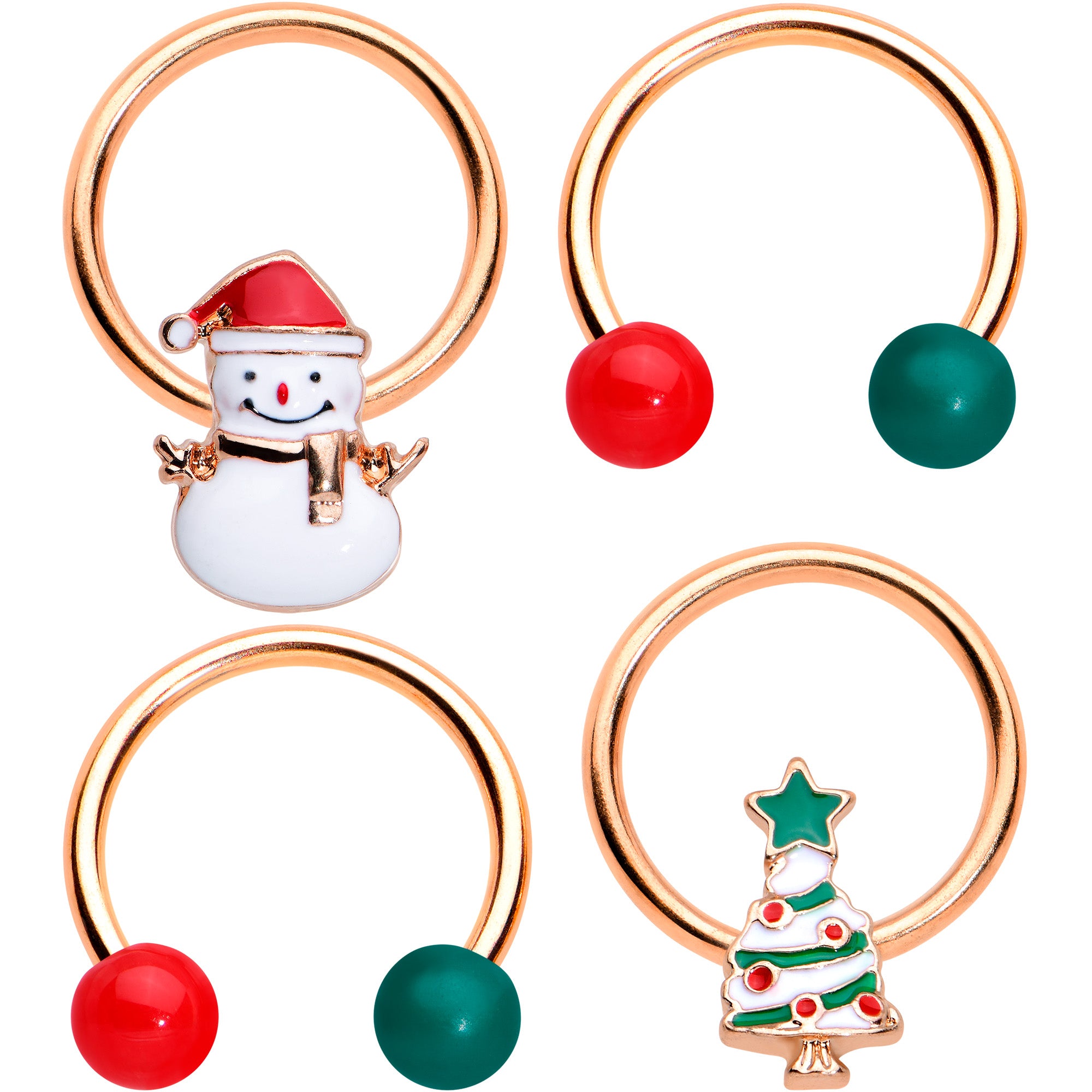 16 Gauge 3/8 Rose Gold Tone Snowman Christmas BCR Horseshoe Set of 4