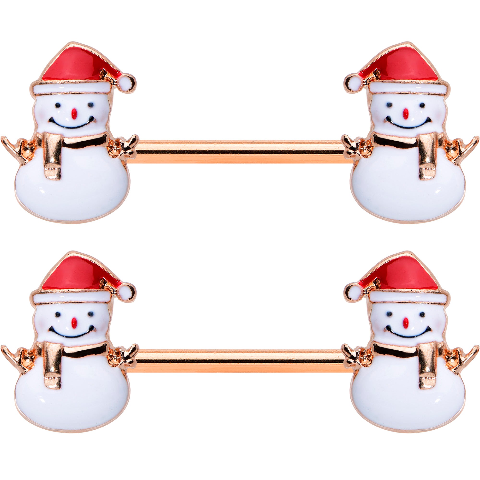 14 Gauge 9/16 Rose Gold Tone Smiling Snowman Christmas Nipple Ring Set