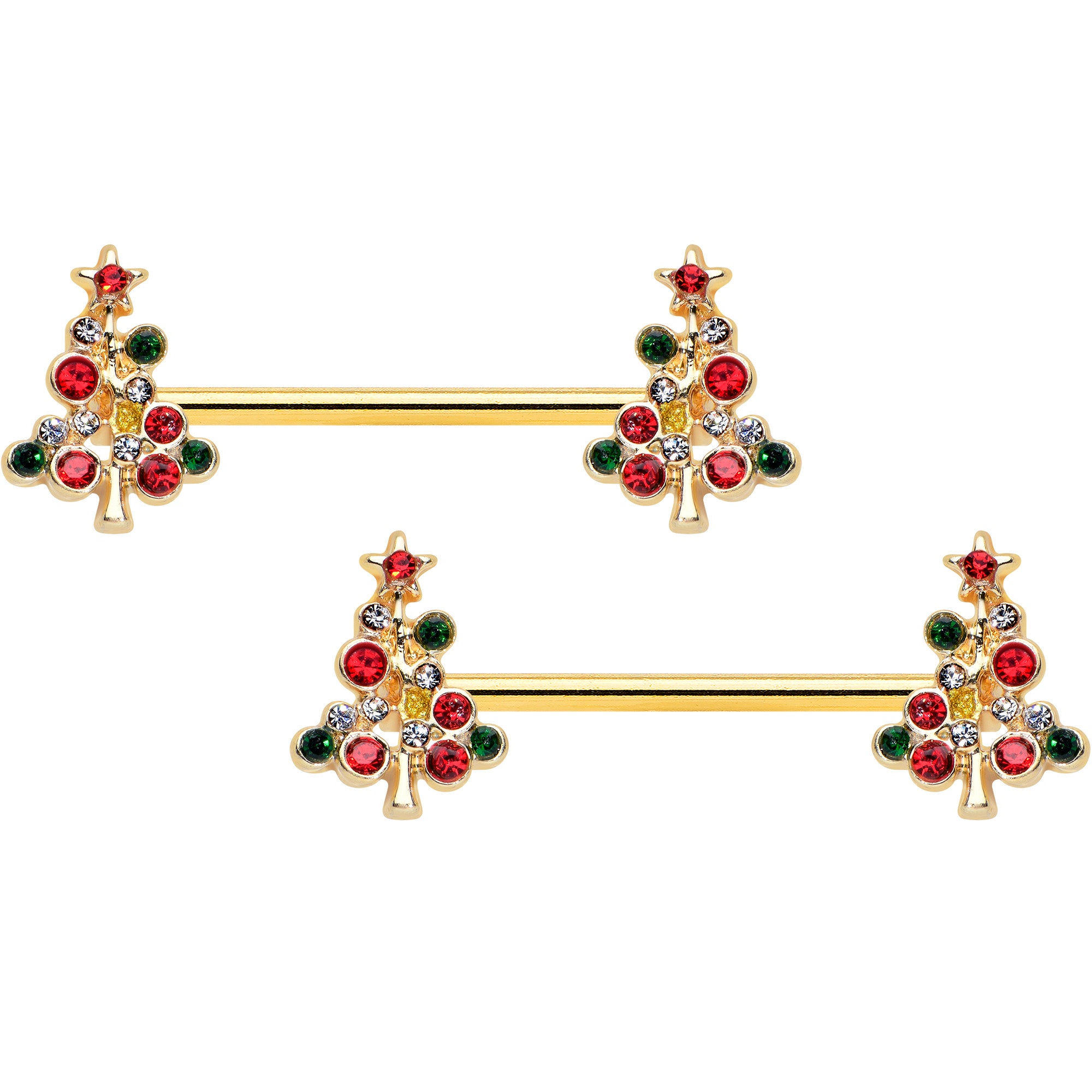 14 Gauge 9/16 Red Gem Gold Tone Christmas Tree Nipple Ring Set