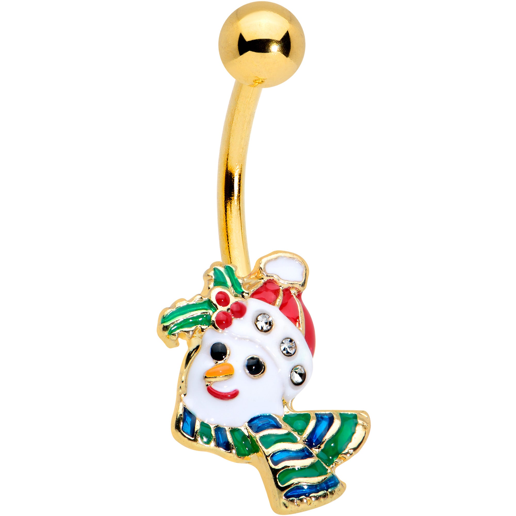 Clear Gem Gold Tone Snowman Holiday Christmas Belly Ring