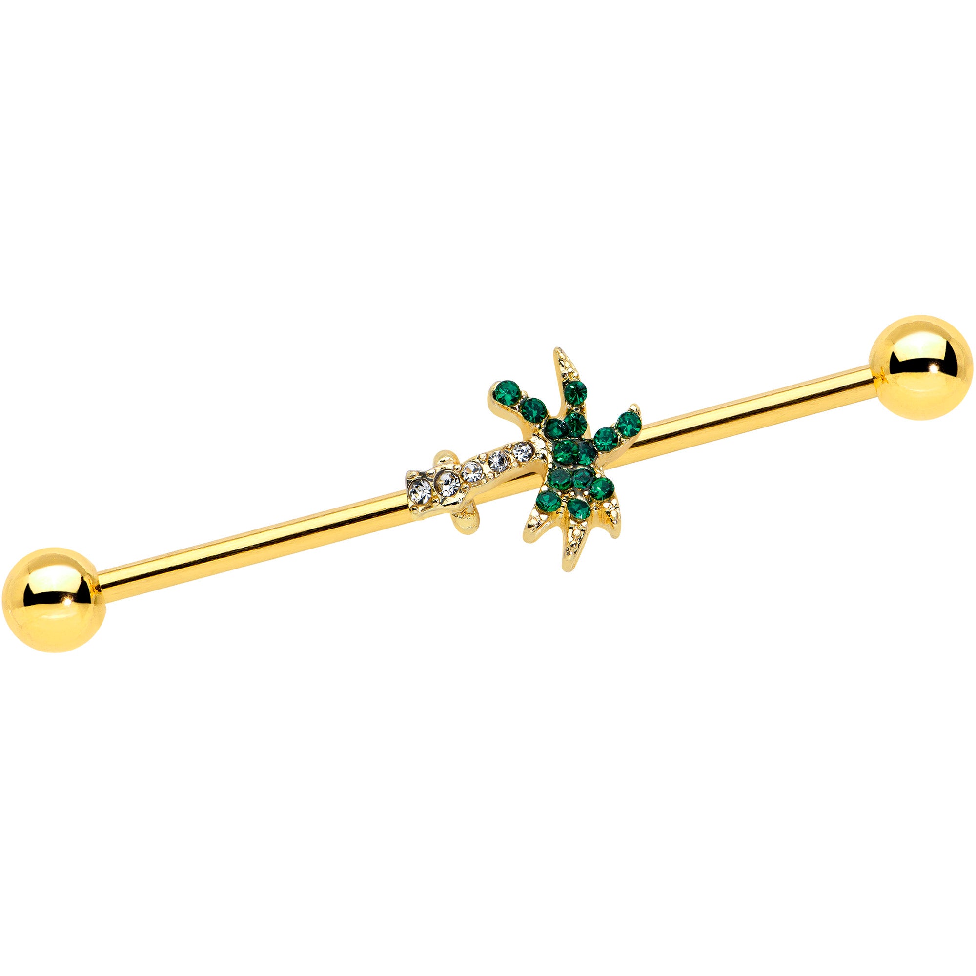 14 Gauge Green Gem Gold Tone Tropic Palm Tree Industrial Barbell 38mm