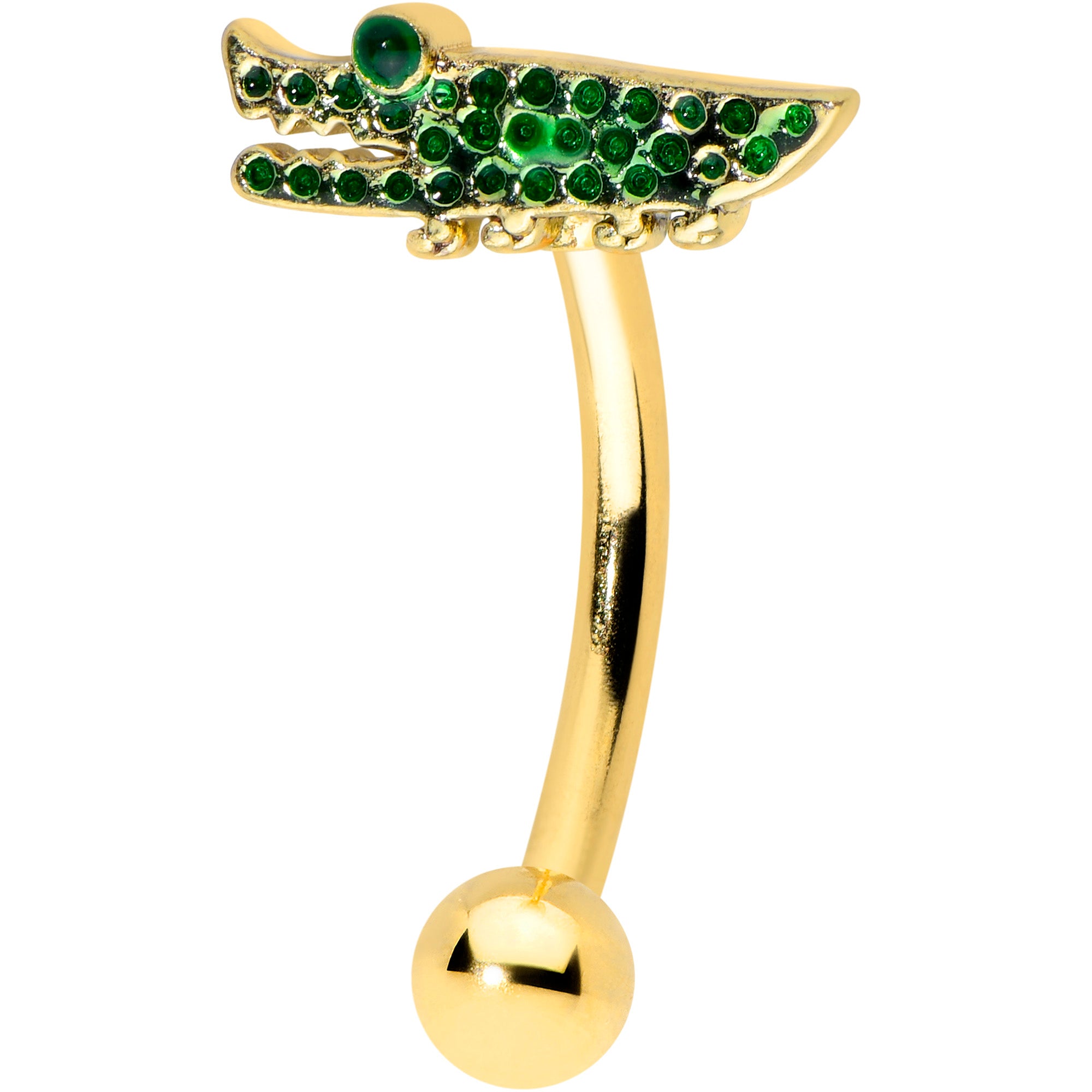 16 Gauge 5/16 Green Gem Gold Tone Hungry Alligator Curved Eyebrow Ring