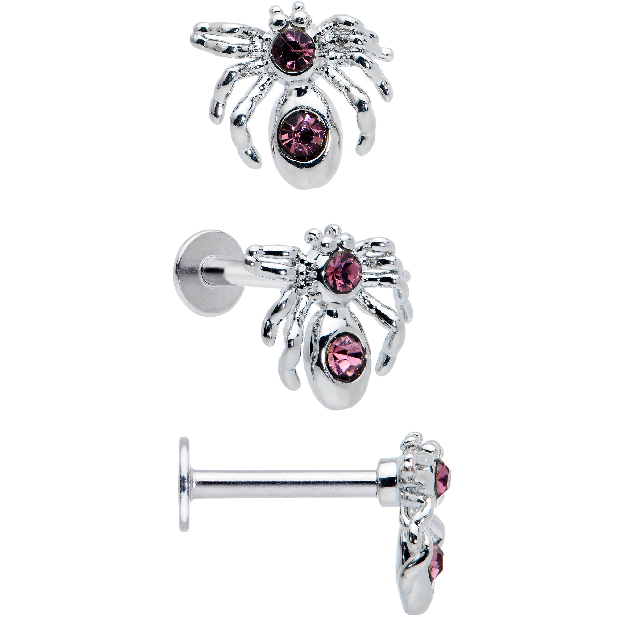 16 Gauge 5/16 Pink Gem Spider Witch Halloween Labret Tragus Set of 3