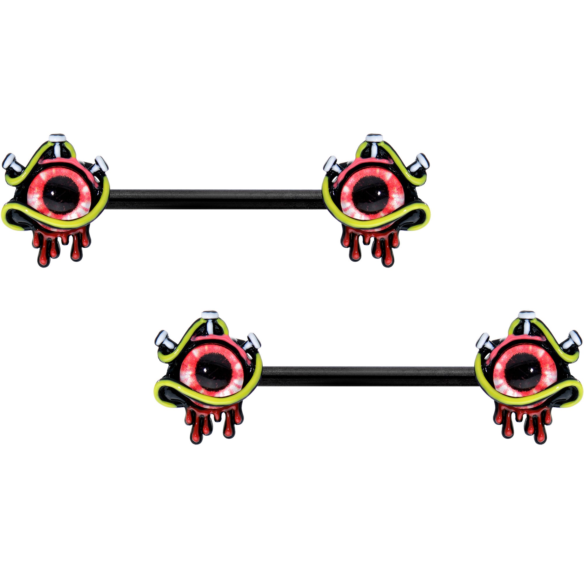 14 Gauge 9/16 Black Spiky Eyeball Halloween Barbell Nipple Ring Set