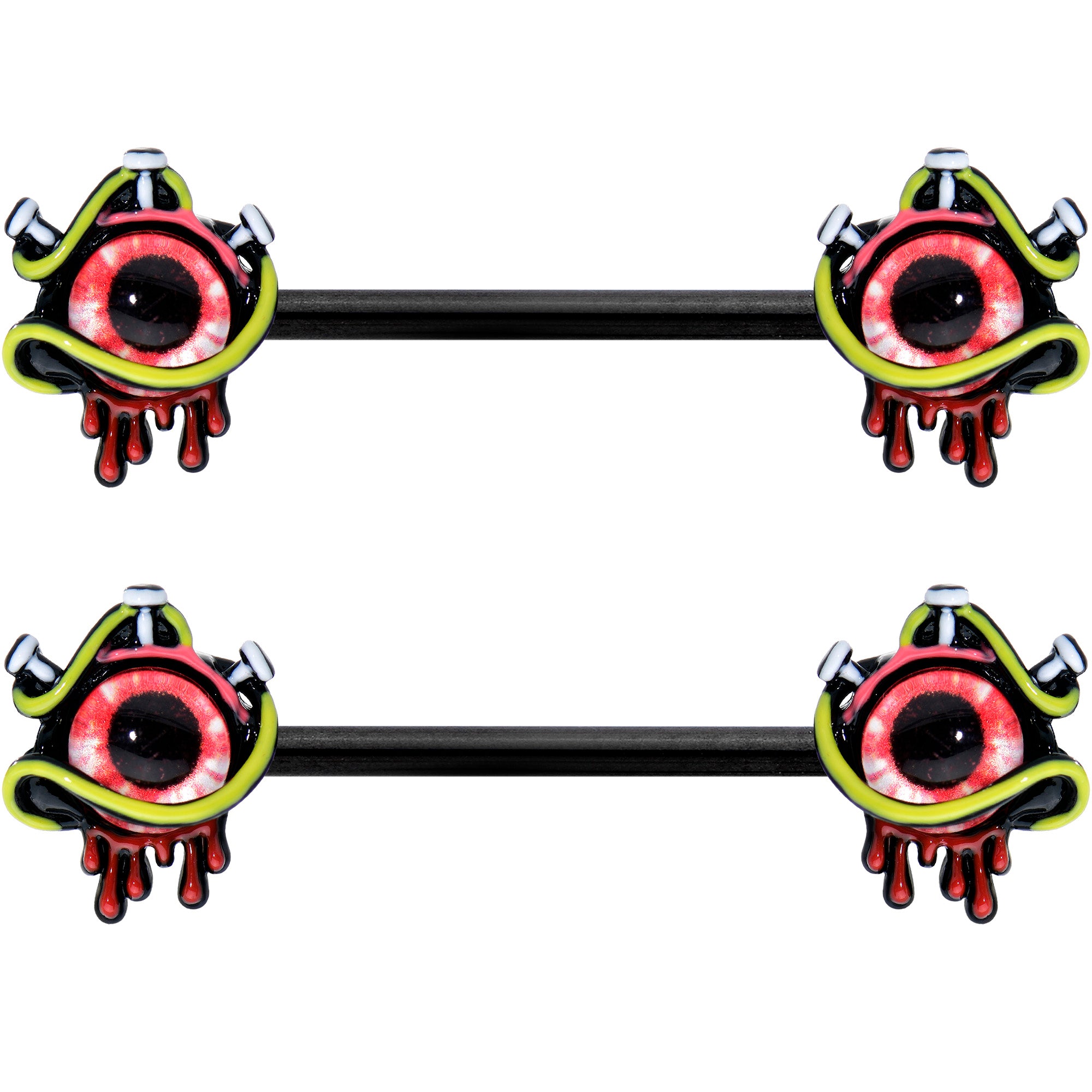 14 Gauge 9/16 Black Spiky Eyeball Halloween Barbell Nipple Ring Set