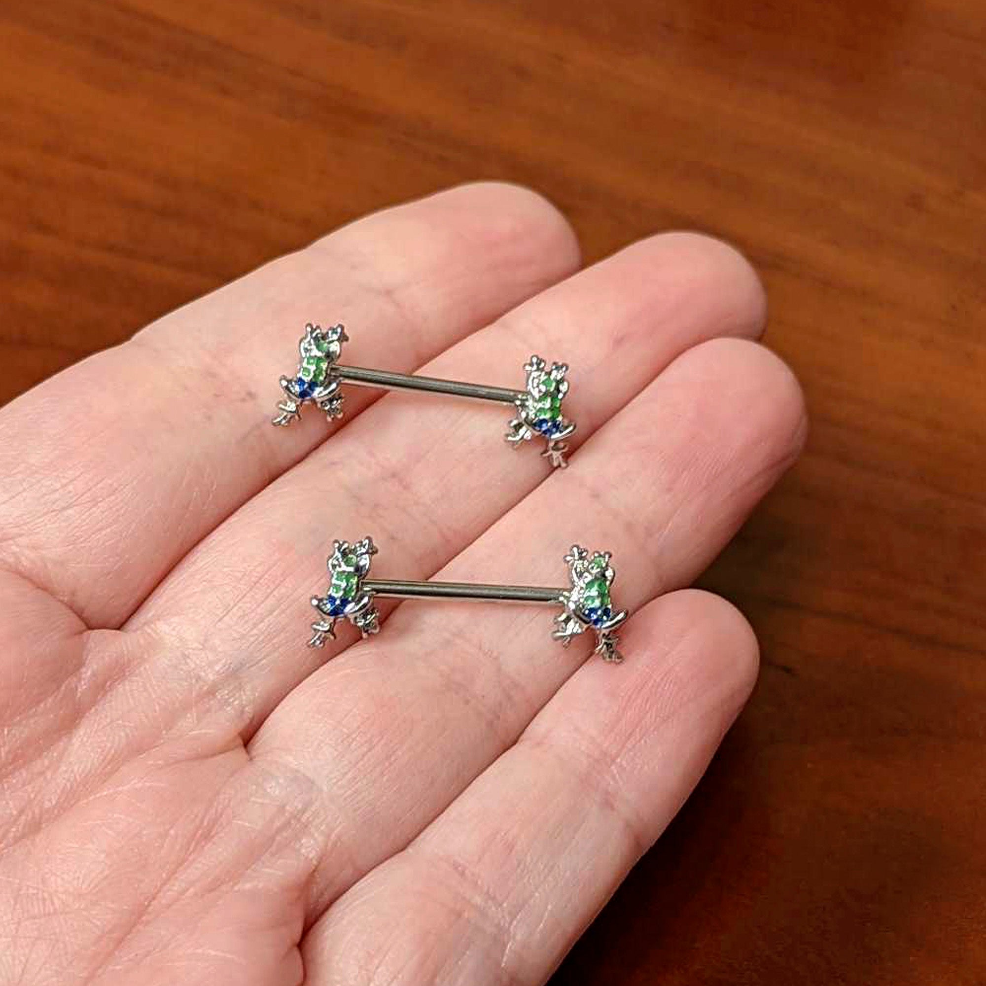 14 Gauge 9/16 Clear Gem Polka Dot Frog Barbell Nipple Ring Set