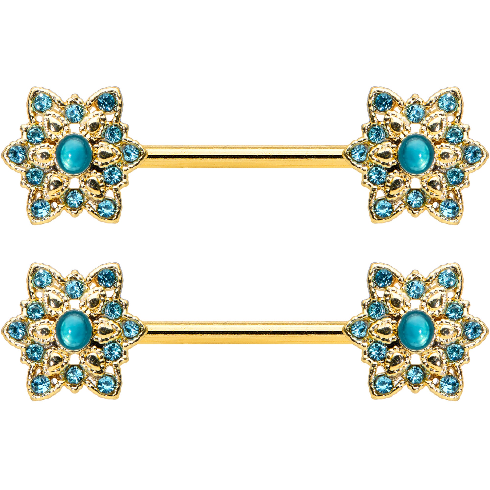 14 Gauge 9/16 Aqua Gem Gold Tone Snowflake Christmas Nipple Ring Set