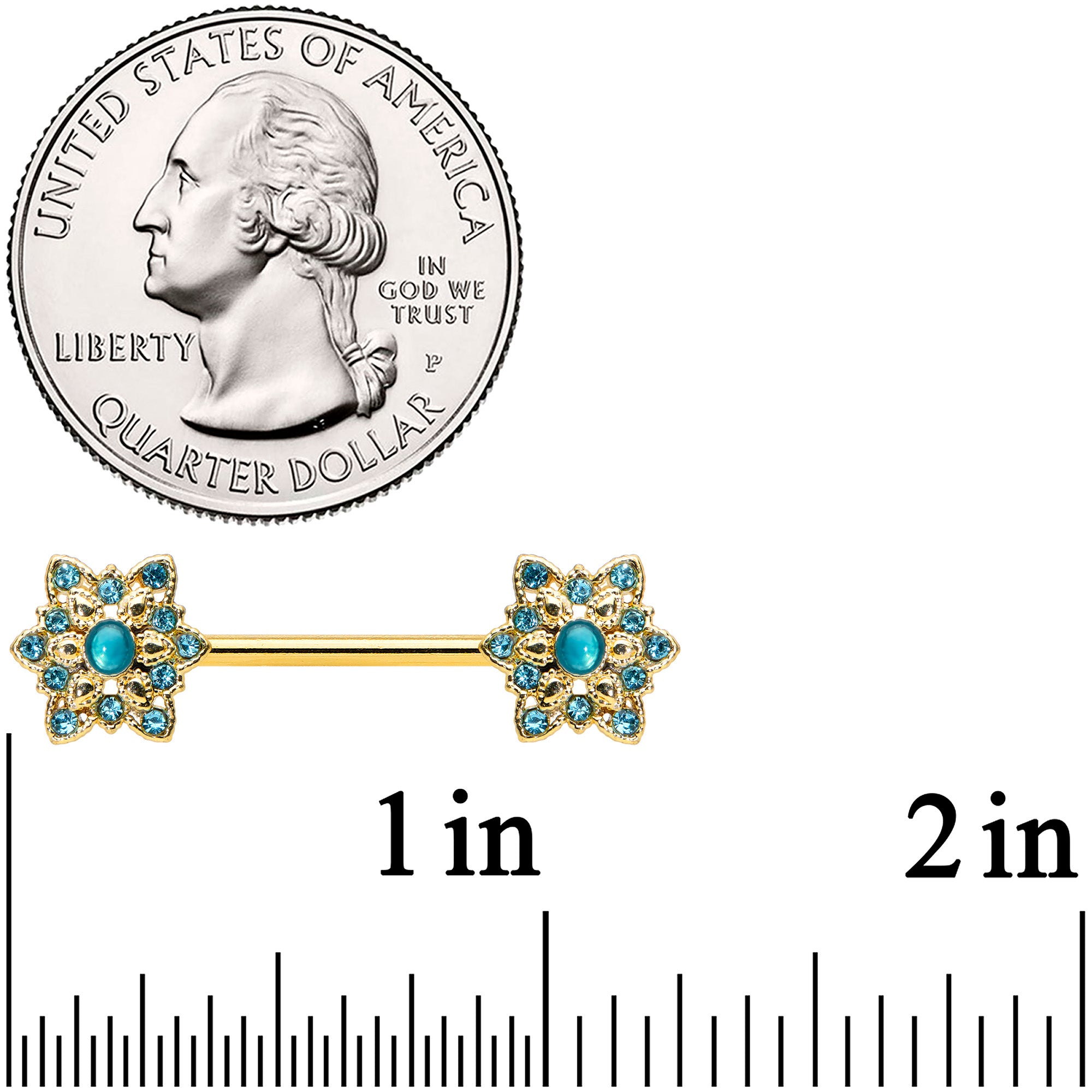 14 Gauge 9/16 Aqua Gem Gold Tone Snowflake Christmas Nipple Ring Set