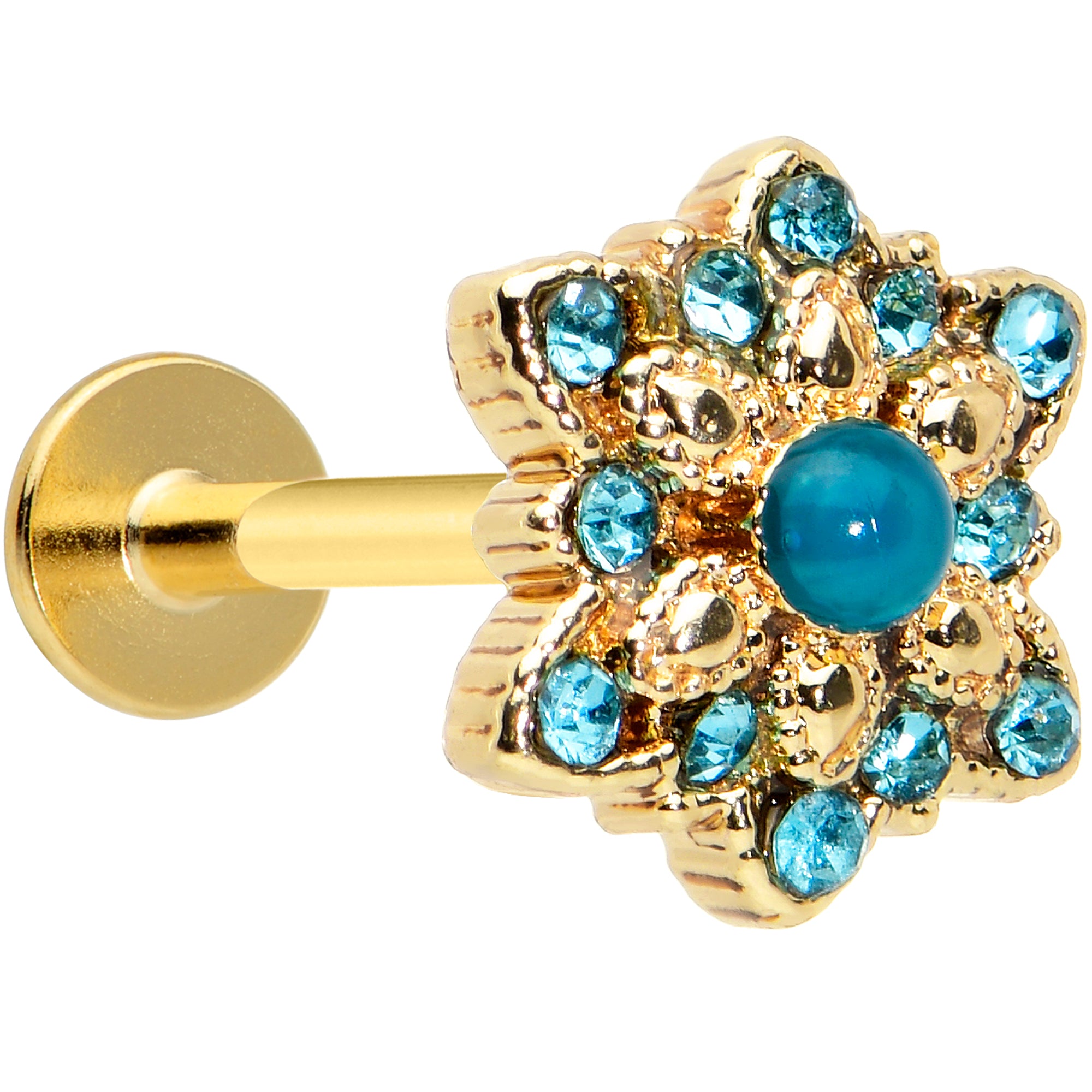 16 Gauge 5/16 Aqua Gem Gold Tone Snowflake Christmas Labret Tragus