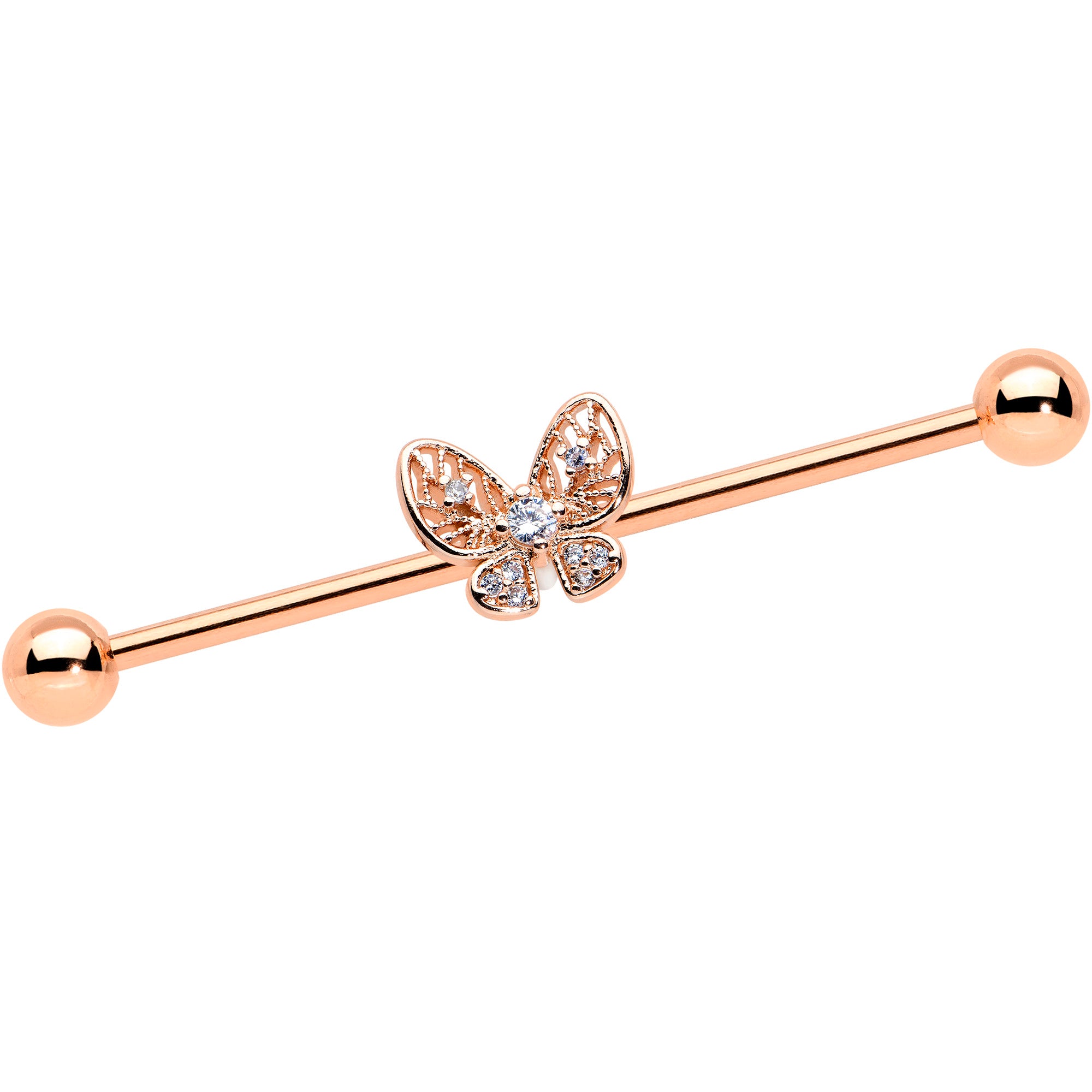 14 Gauge Clear Rose Gold Tone Airy Butterfly Industrial Barbell 38mm