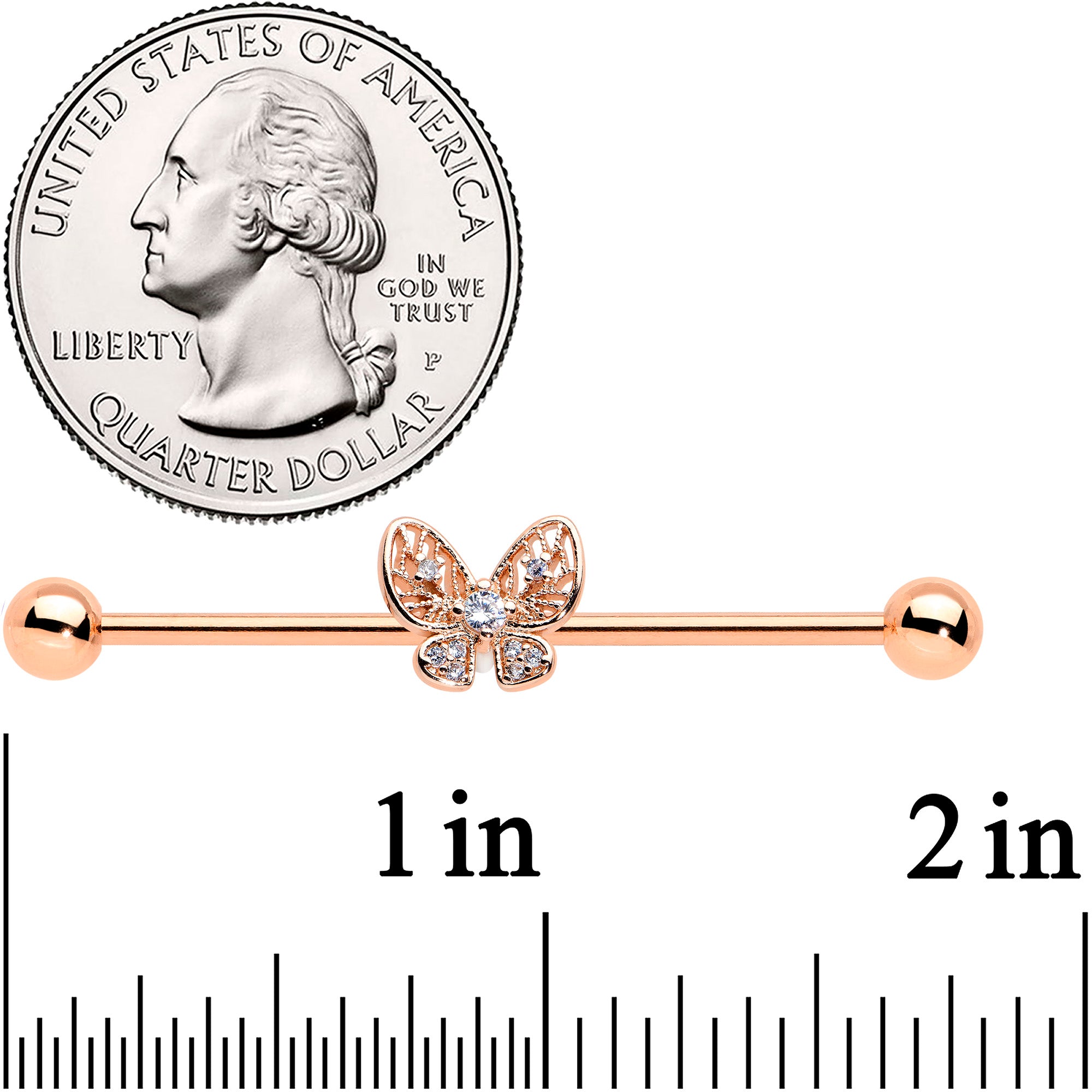 14 Gauge Clear Rose Gold Tone Airy Butterfly Industrial Barbell 38mm