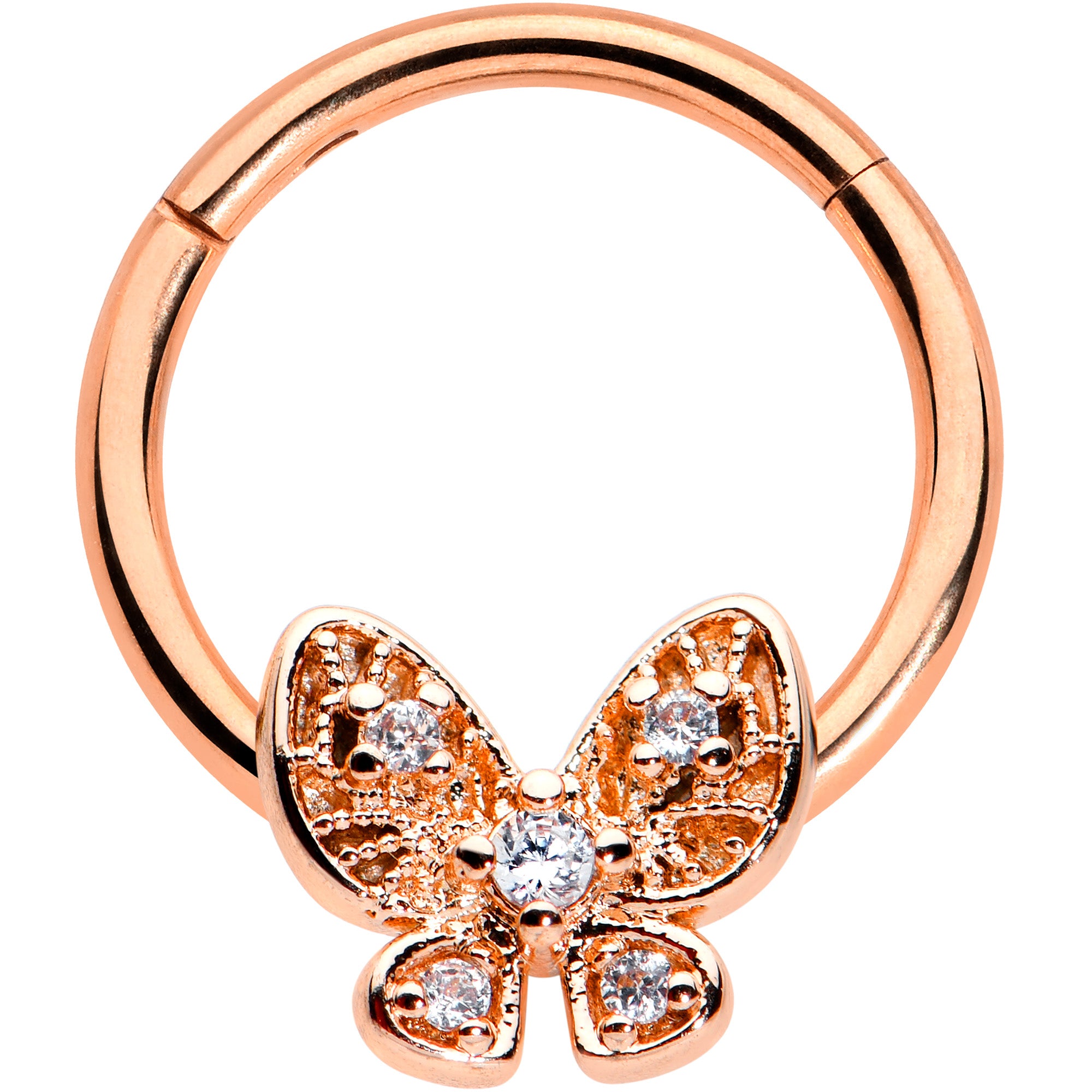 16 Gauge 3/8 Clear Gem Rose Gold Hue Airy Butterfly Hinged Segment Ring