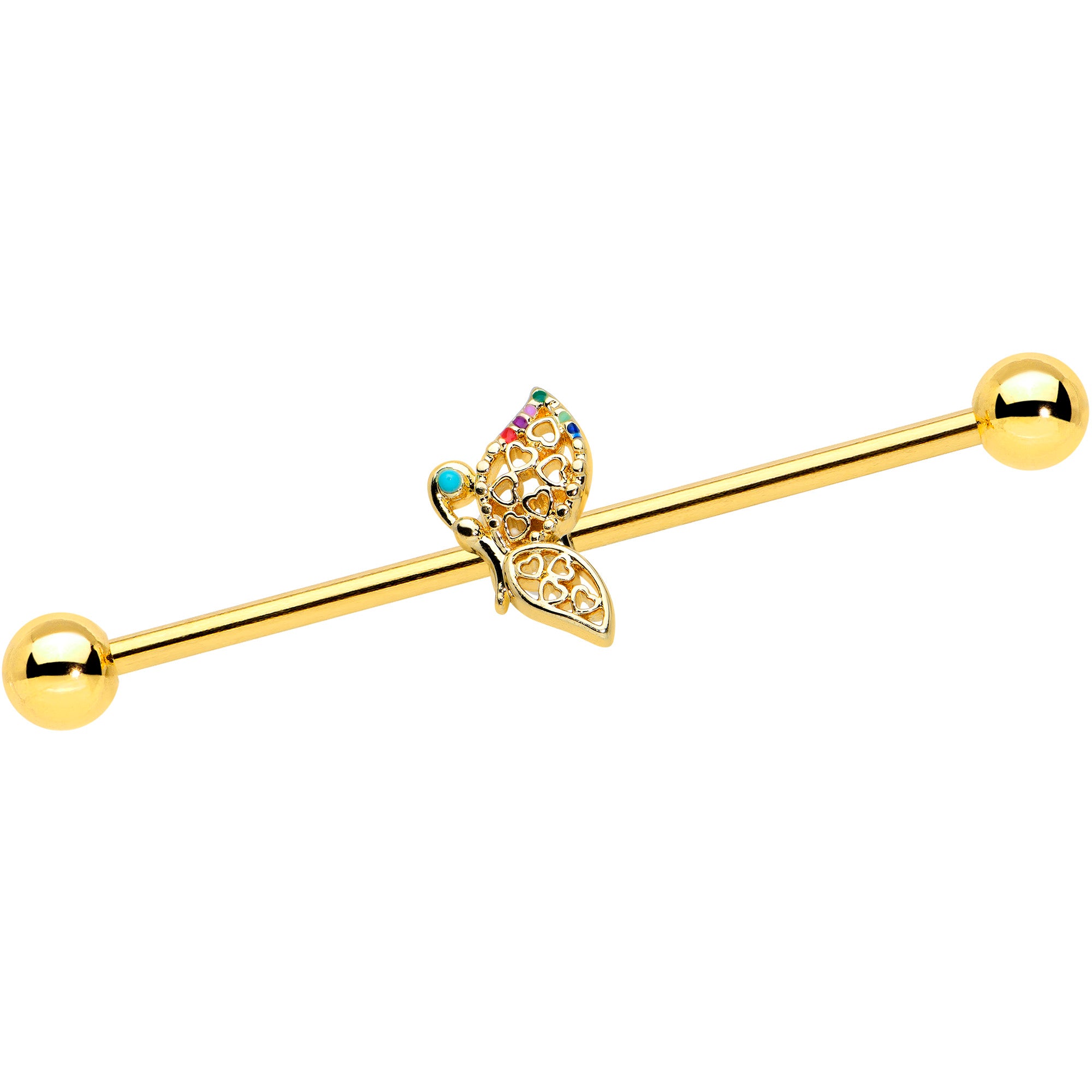 14 Gauge Gold Tone Colorful Hearts Butterfly Industrial Barbell 38mm